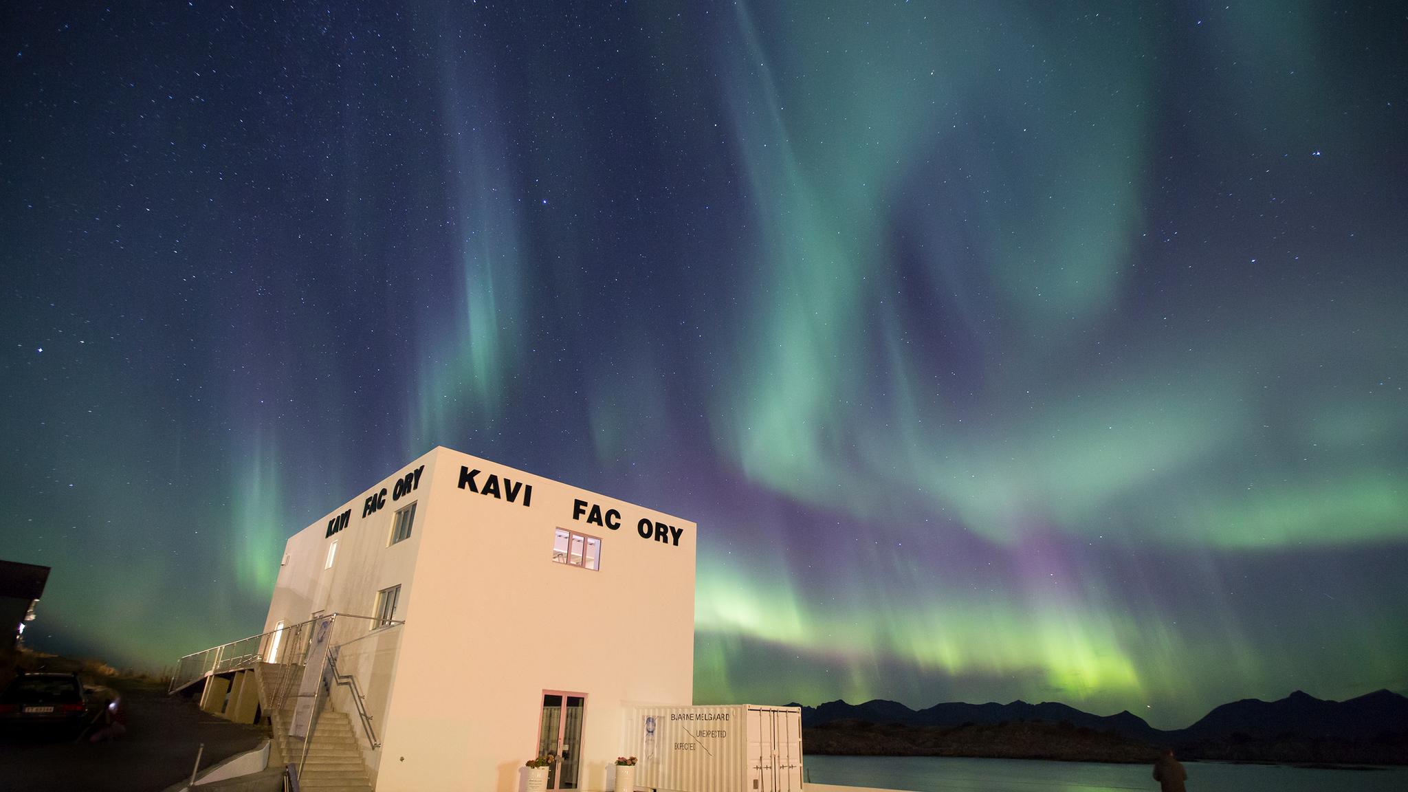 The white factory for contemporary art in Lofoten under the Northern lights
