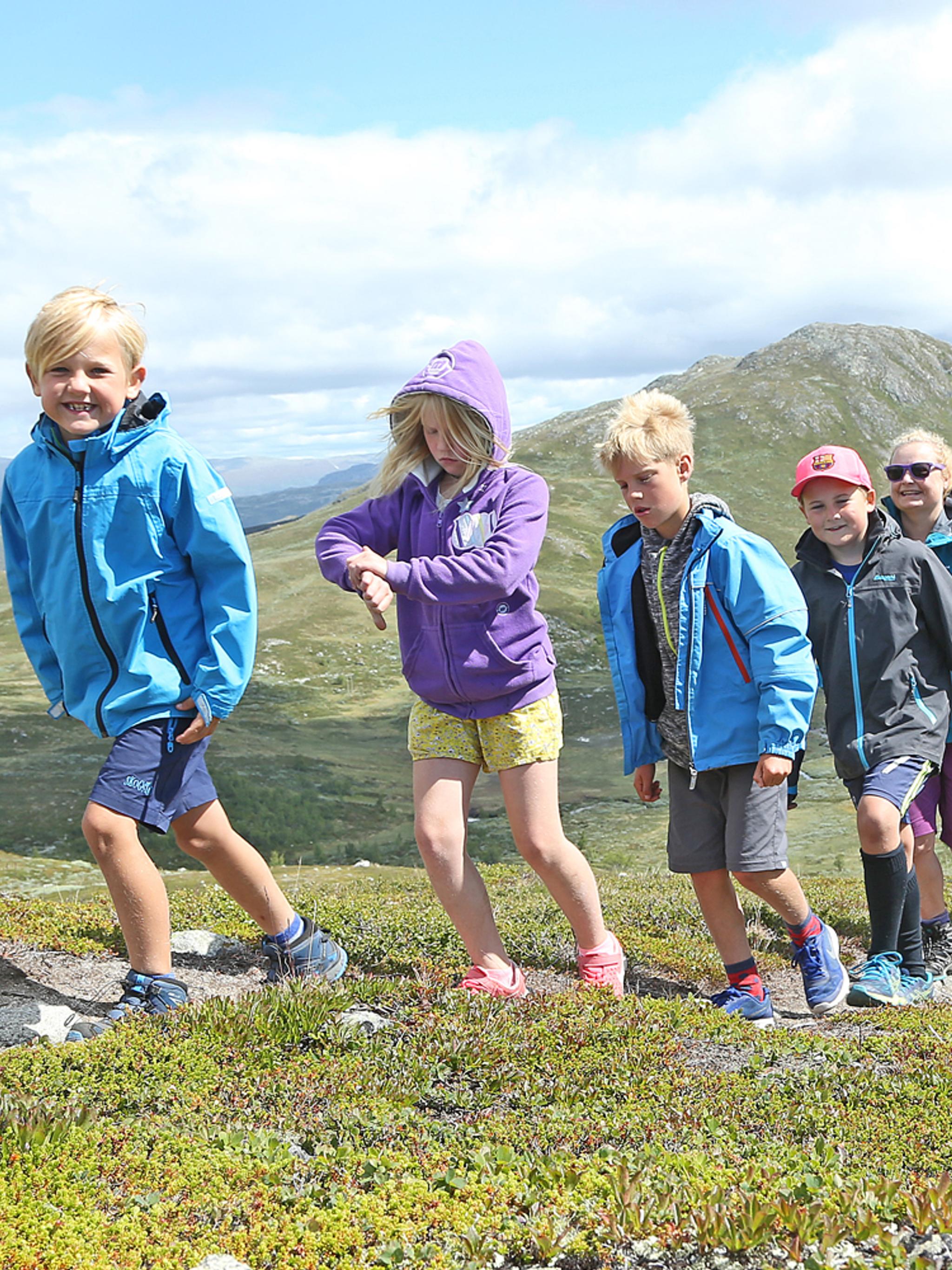 Eine Gruppe aus Erwachsenen und Kindern beim Wandern in den Bergen von Hemsedal, Ostnorwegen