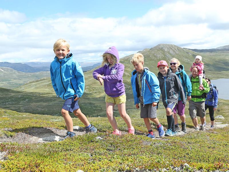 Een groep volwassenen en kinderen aan het wandelen in de bergen rond Hemsedal, Oost-Noorwegen