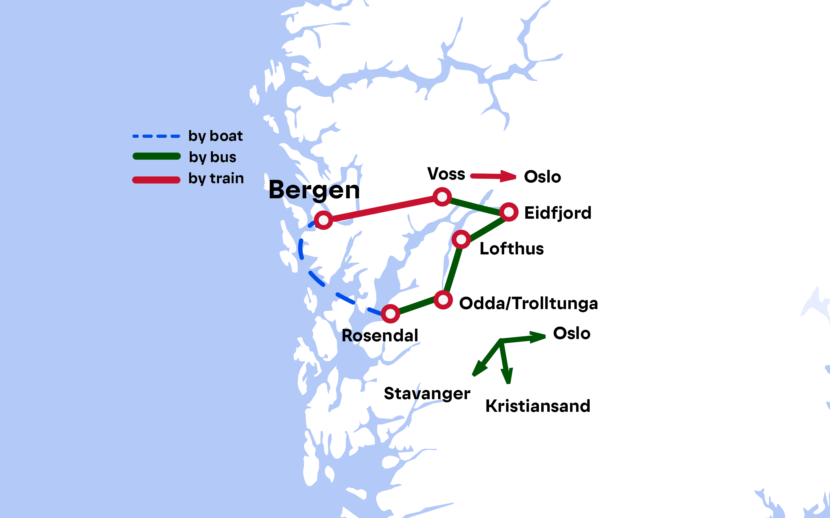 Route map, Bergen and Hardangerfjord