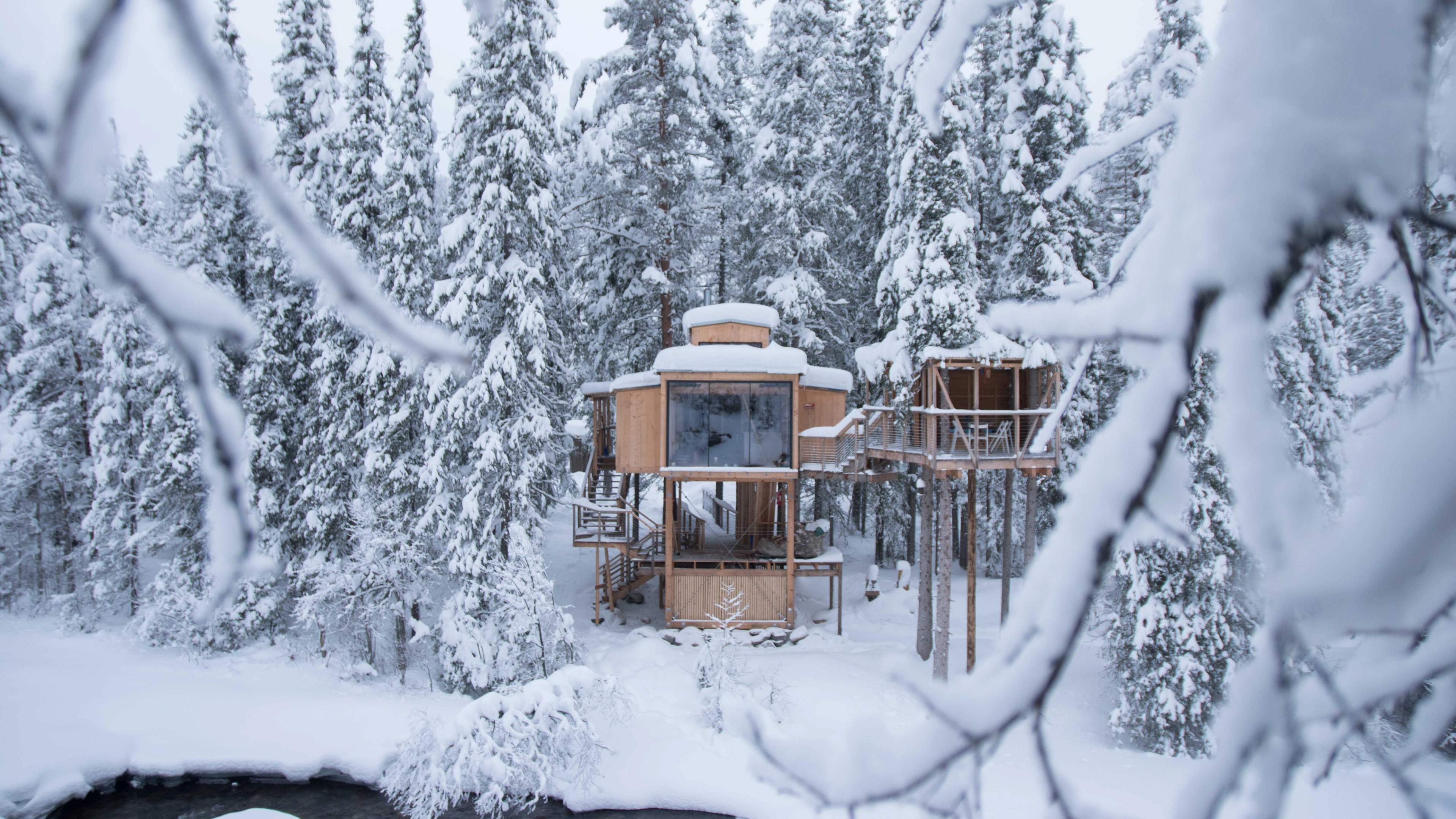 Snow covering Å Auge treetop cabin in Tinn, Telemark