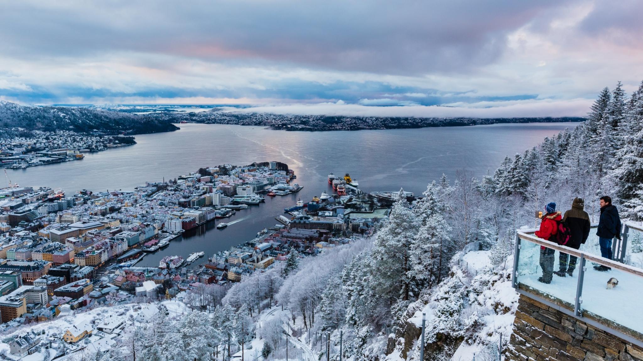 View from Mount Fløyen in Bergen, Fjord Norway, in winter