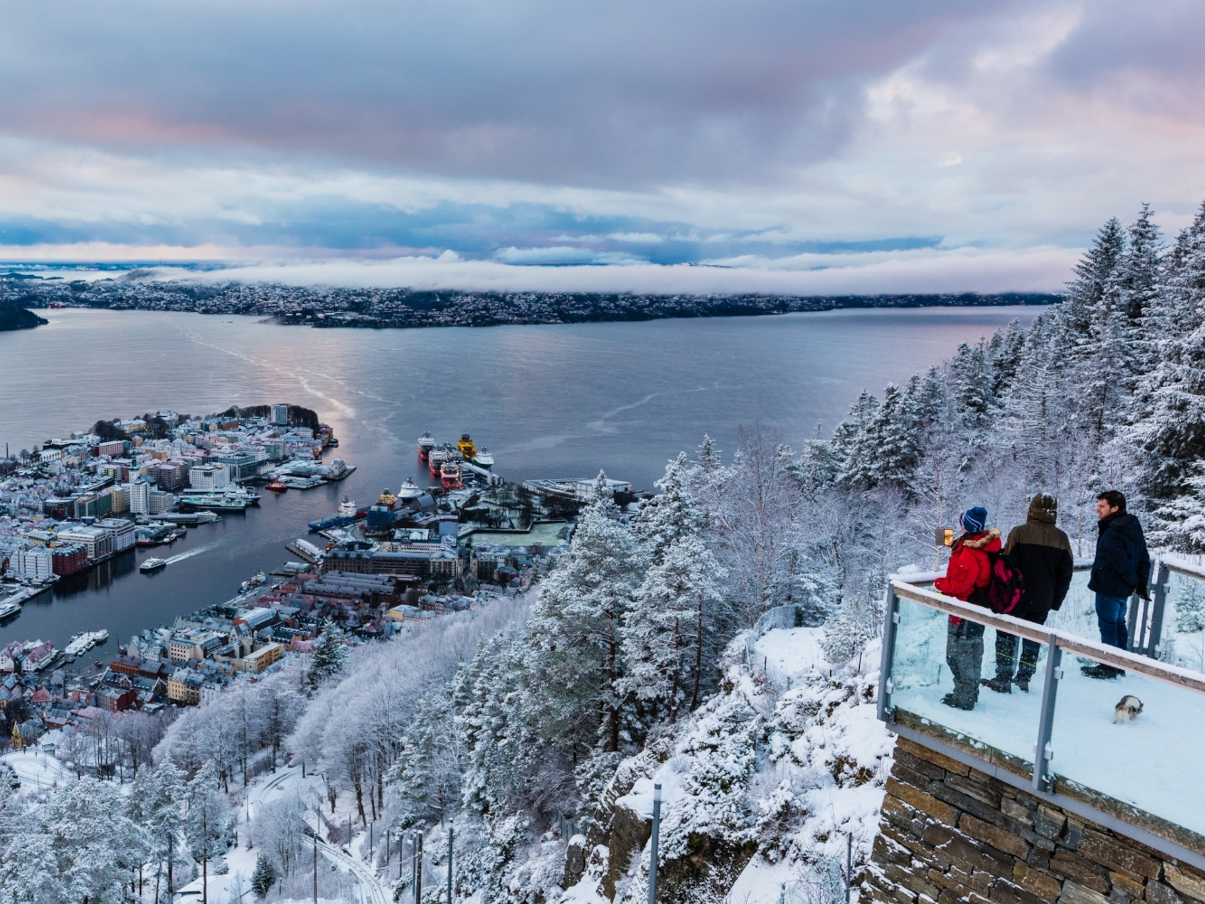 View from Mount Fløyen in Bergen, Fjord Norway, in winter