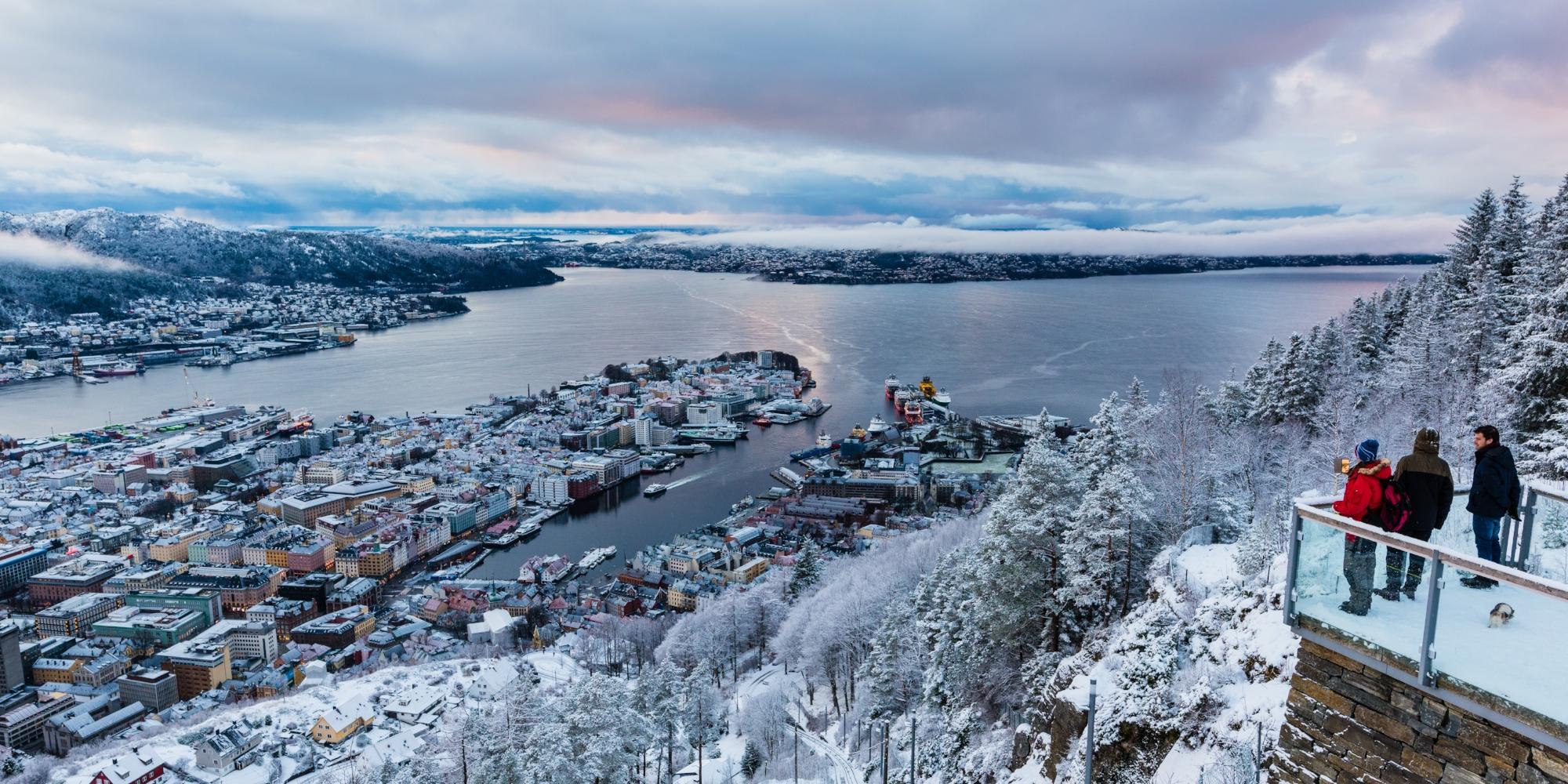 View from Mount Fløyen in Bergen, Fjord Norway, in winter