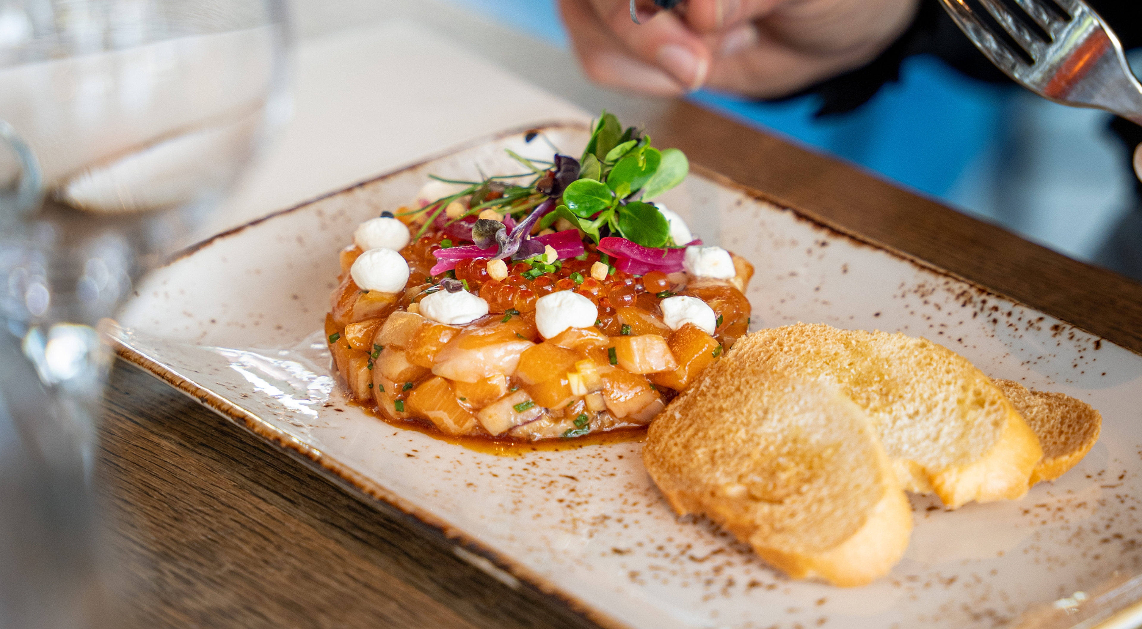 Plate of salmon tartar at The Salmon, Tjuvholmen in Oslo