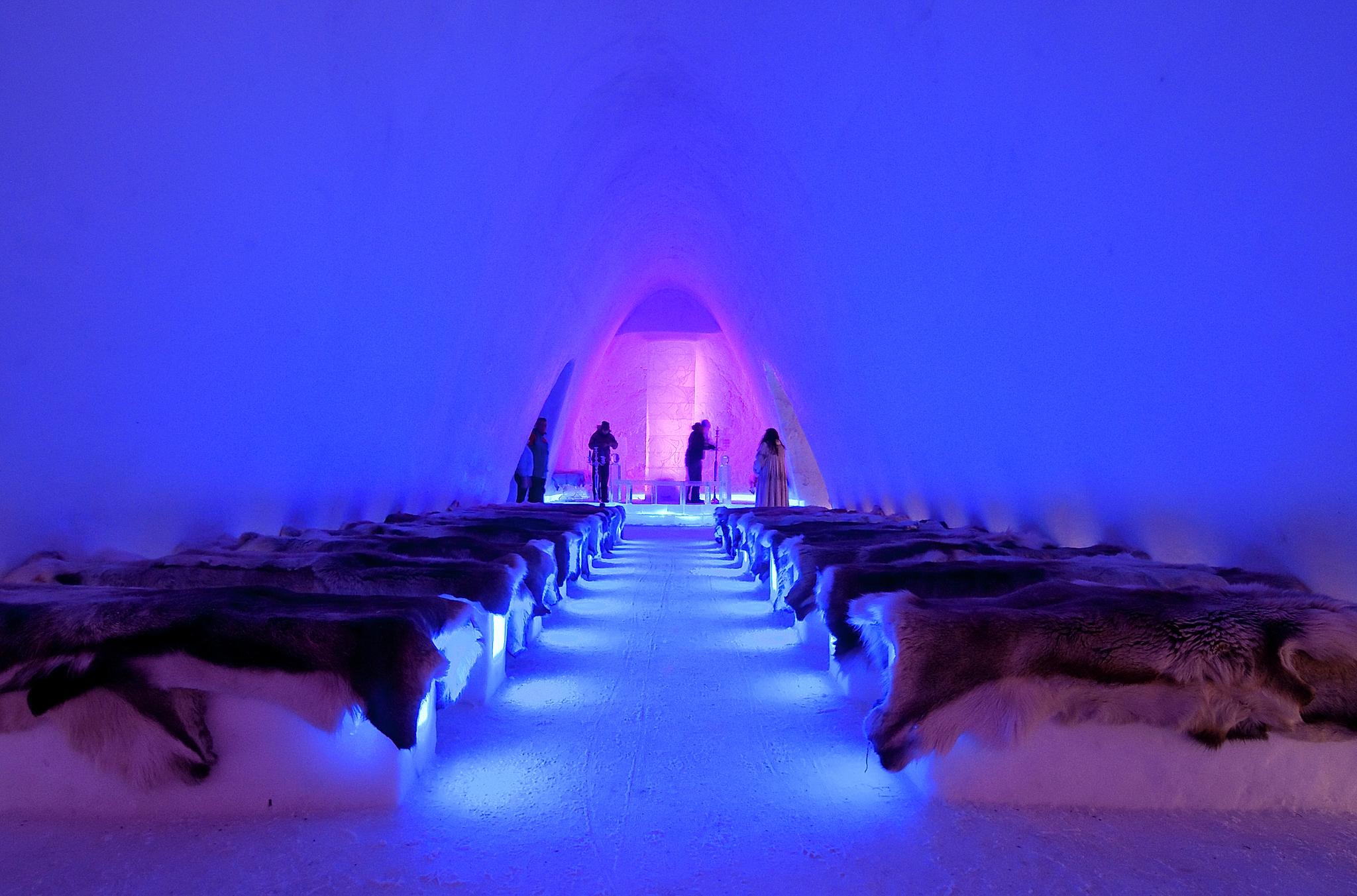 The chapel in Hunderfossen Ice Cathedral and Snow Hotel, Lillehammer, Eastern Norway