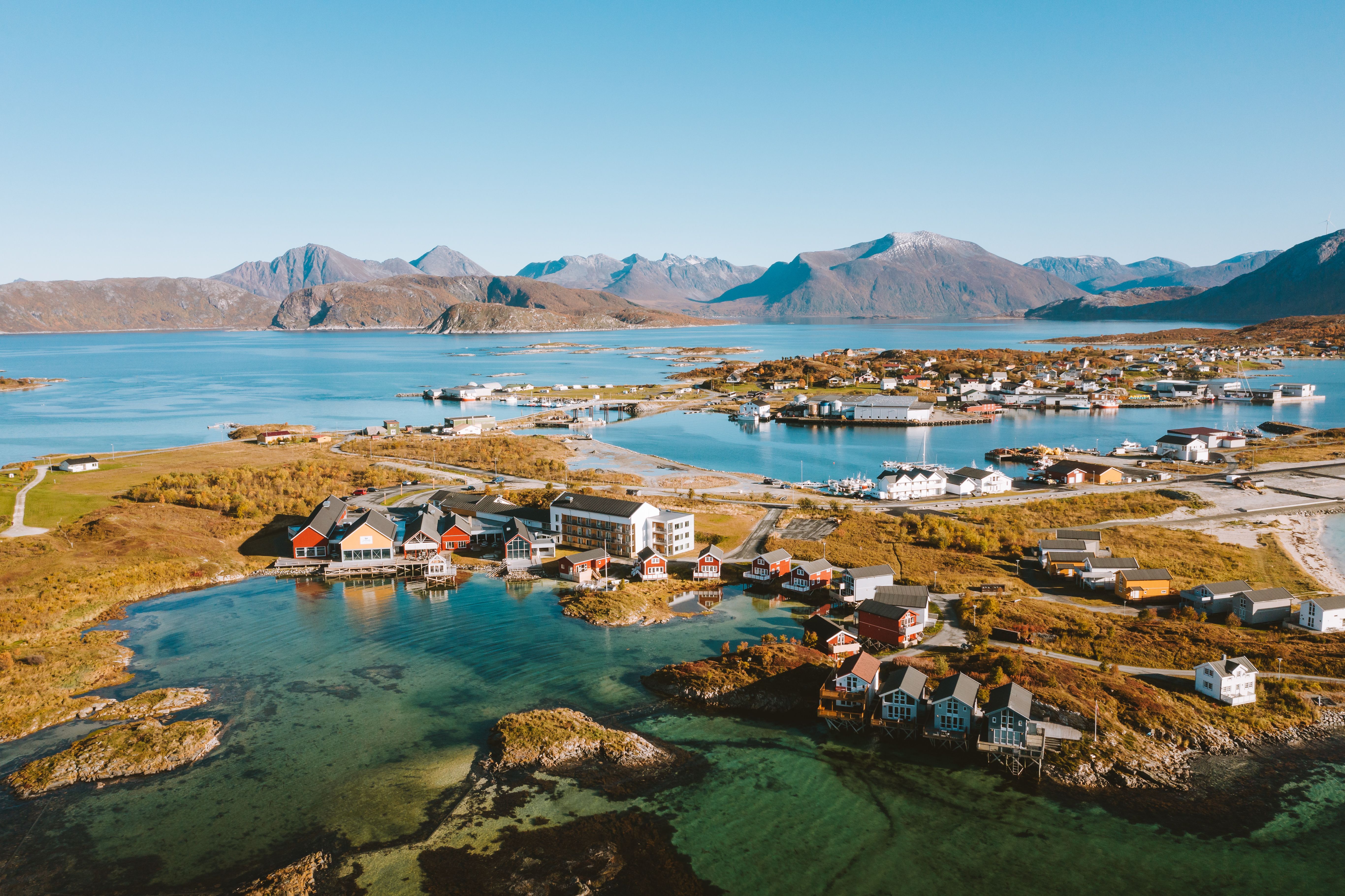 A bird's view of the Sommarøy island in autumn outside Tromsø, Northern Norway