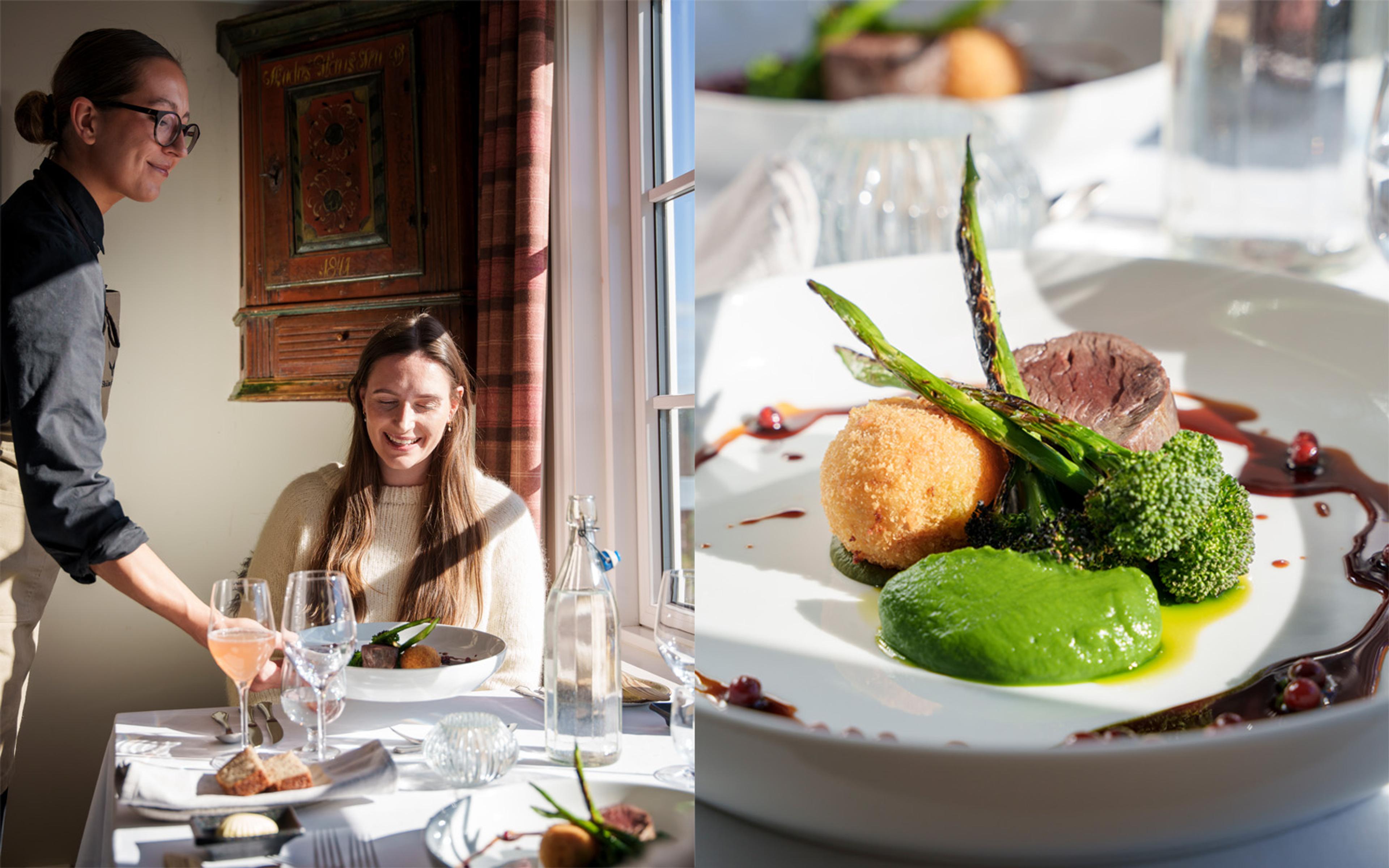 A woman gets served a meal at restaurant Skadir at Skåbu Høyfjellshotell at Skåbu.