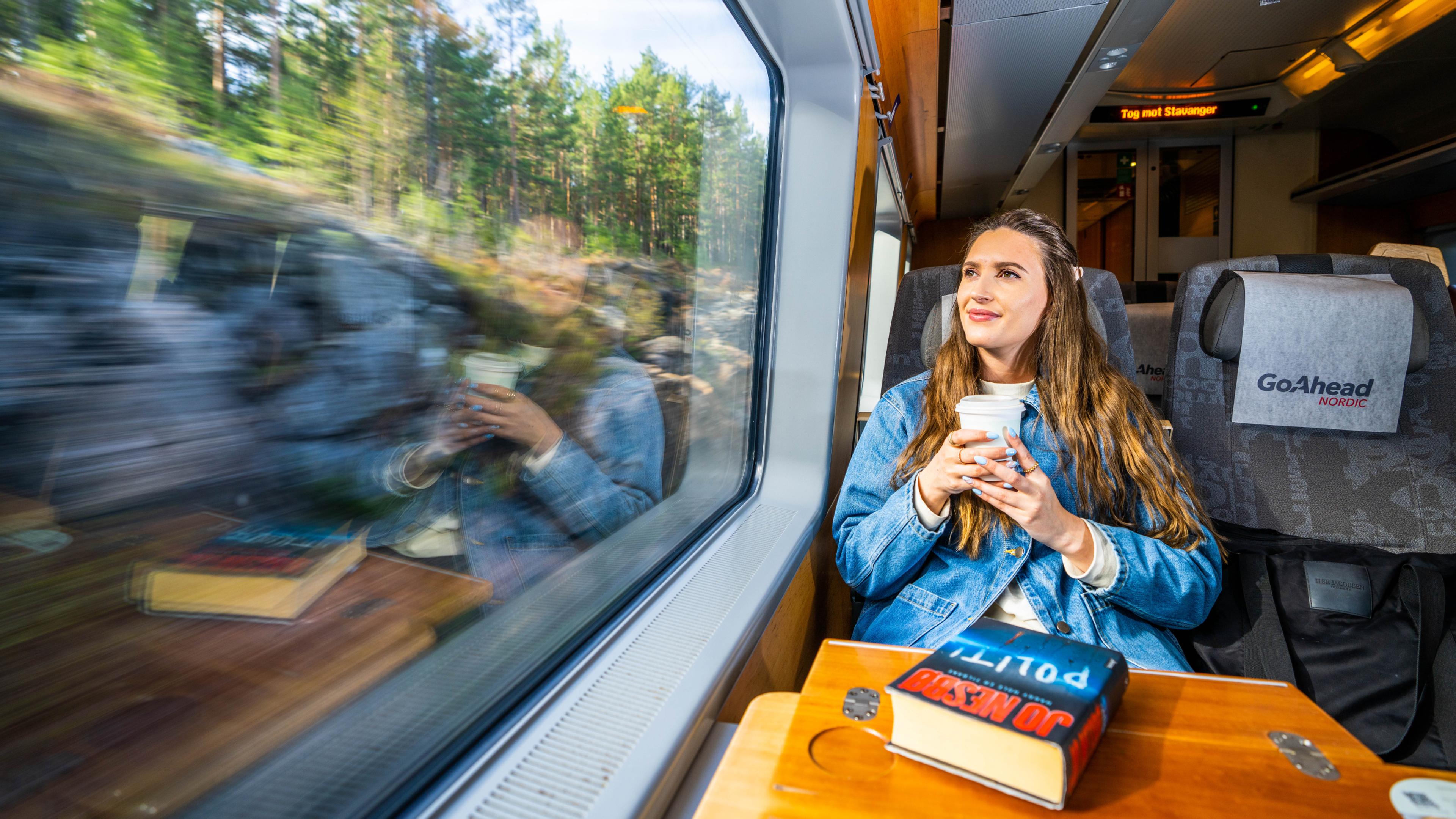 A woman sitting in the Sørland Line train, Norway.