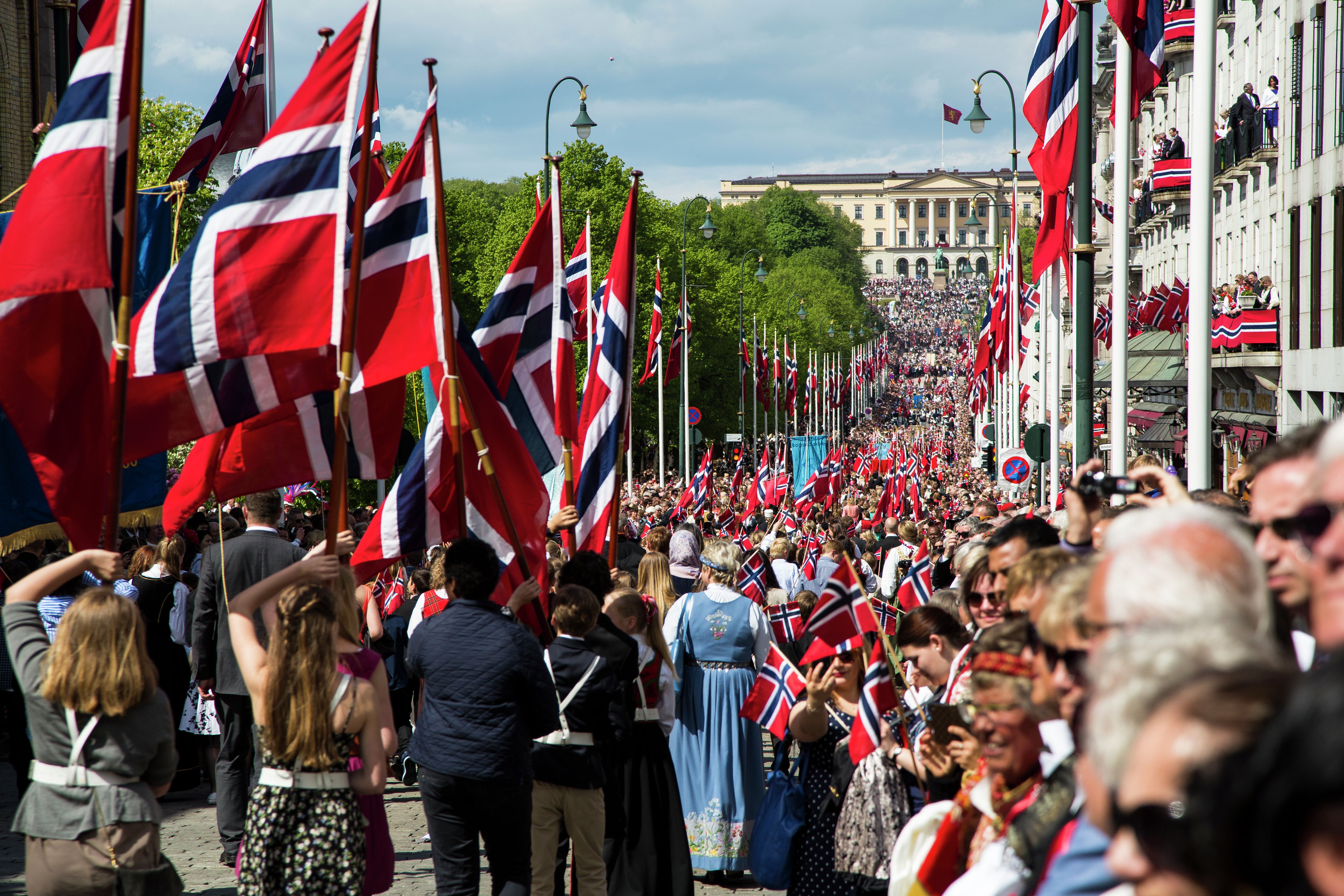 National Day of Norway, seen from Karl Johan street, a parade towards The Royal Castle, National costume