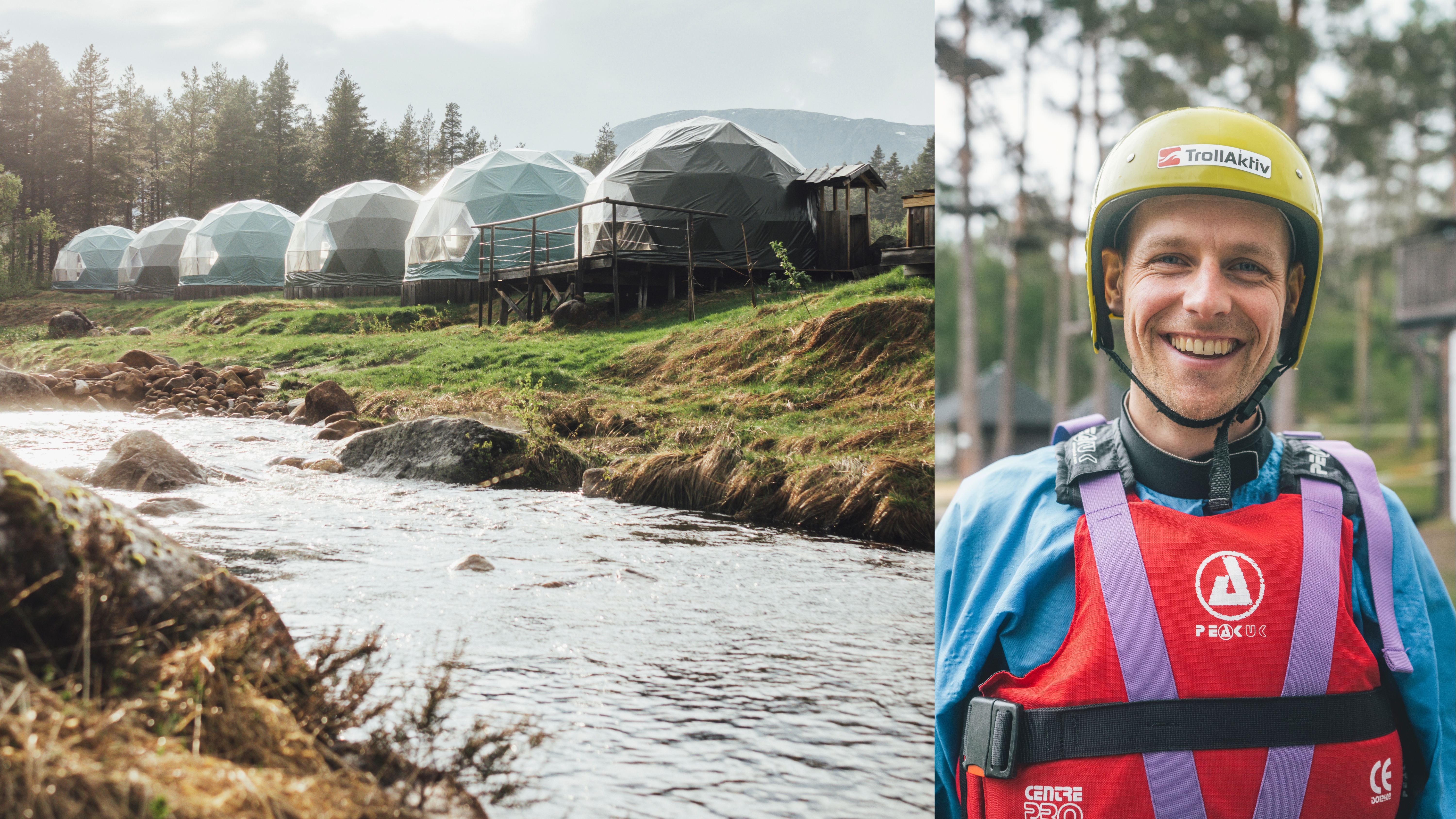 Domes at Brokkestøylen in Rysstad, and a person geared up for river rafting in Evje.
