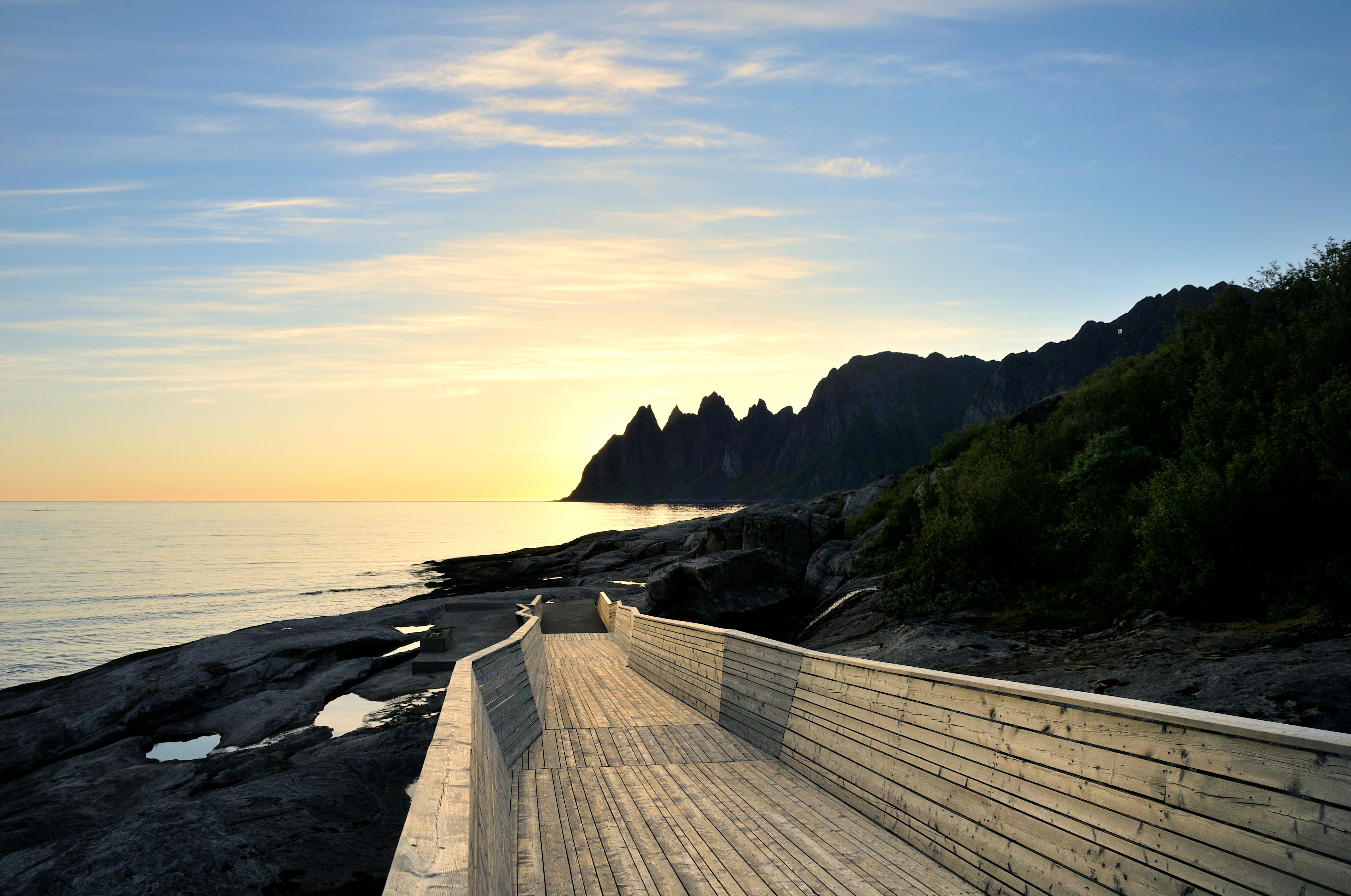 Tungeneset walkpath at Norwegian Scenic Route Senja, Northern Norway, in midnight sun