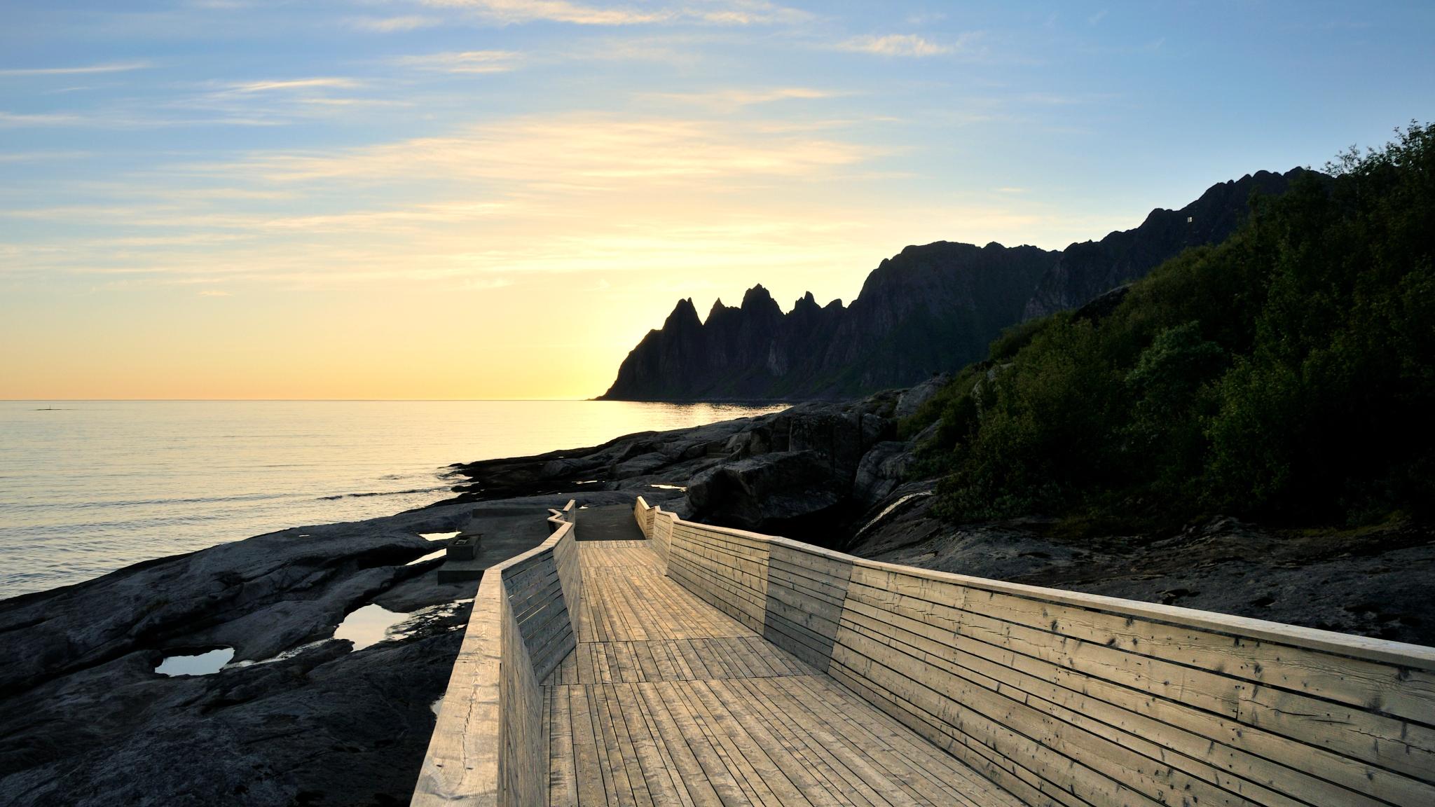 Tungeneset walkpath at Norwegian Scenic Route Senja, Northern Norway, in midnight sun