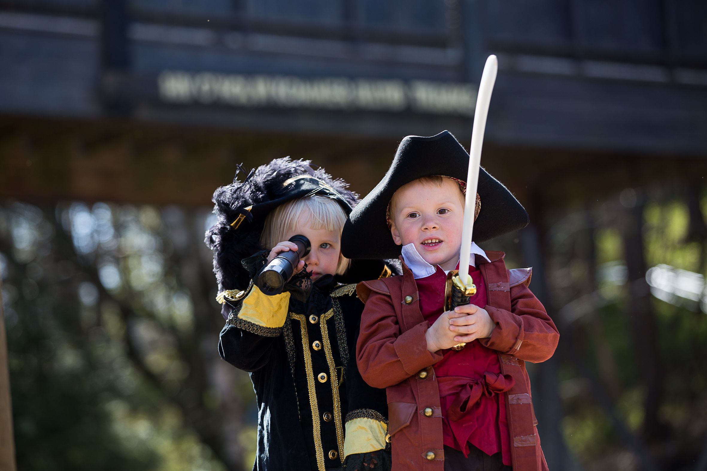 Two children dressed as pirates in Dyreparken zoo and amusement park in Kristiansand, Southern Norway