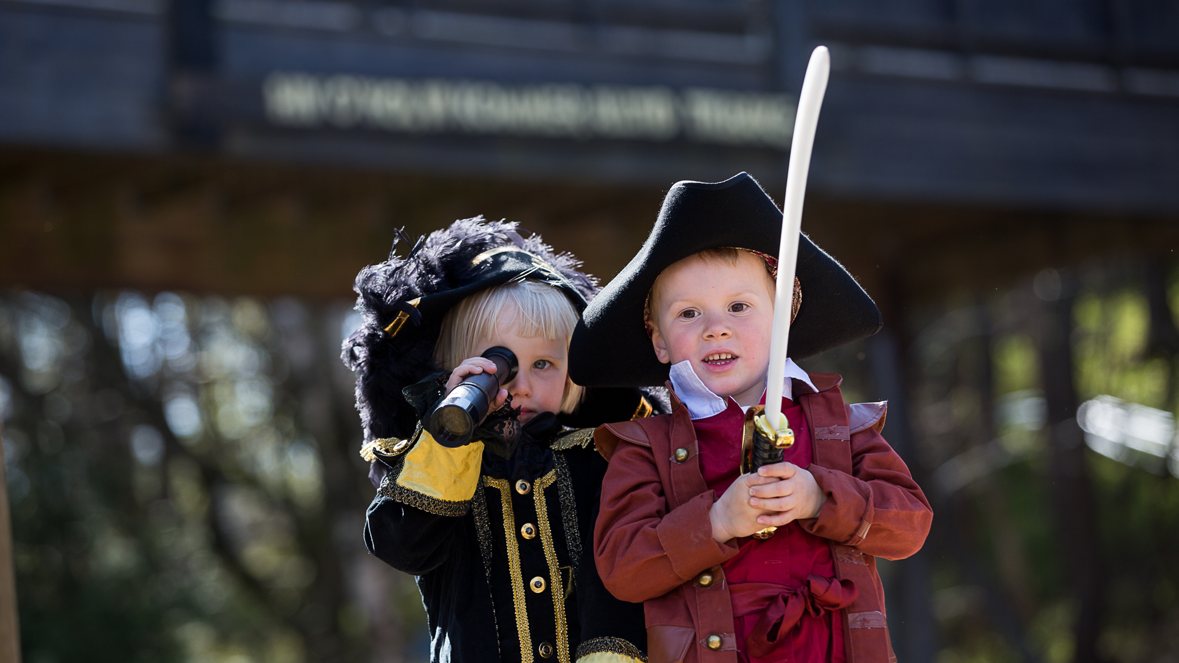 Two children dressed as pirates in Dyreparken zoo and amusement park in Kristiansand, Southern Norway