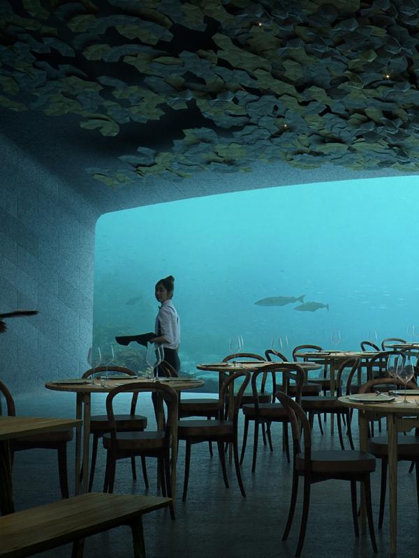 Inside the underwater restaurant Under in Lindesnes, Southern Norway