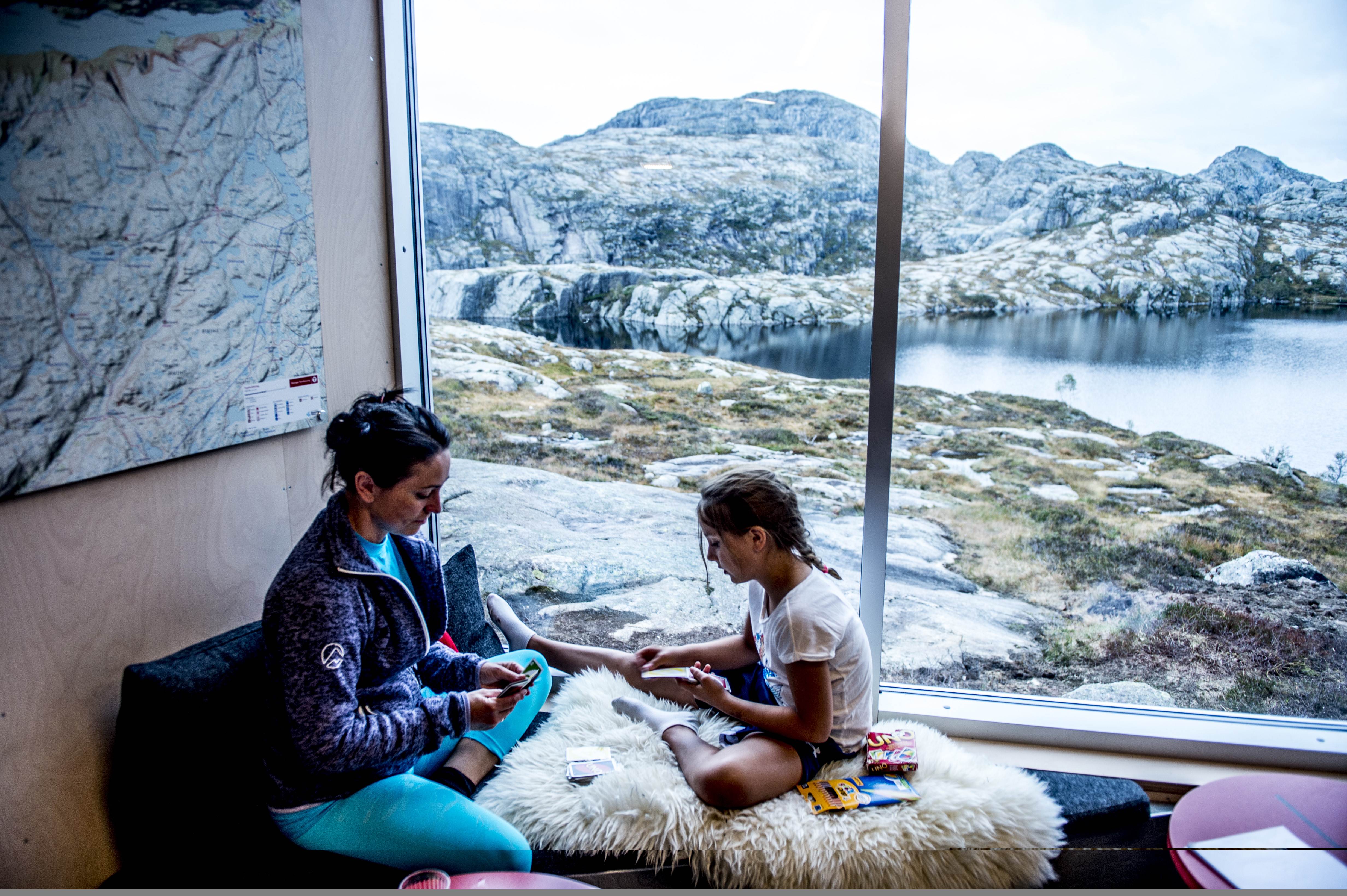 Rikke Benaglia Petersen with her mother Rebecca Benaglia in a cabin at Skåpet, Fjord Norway
