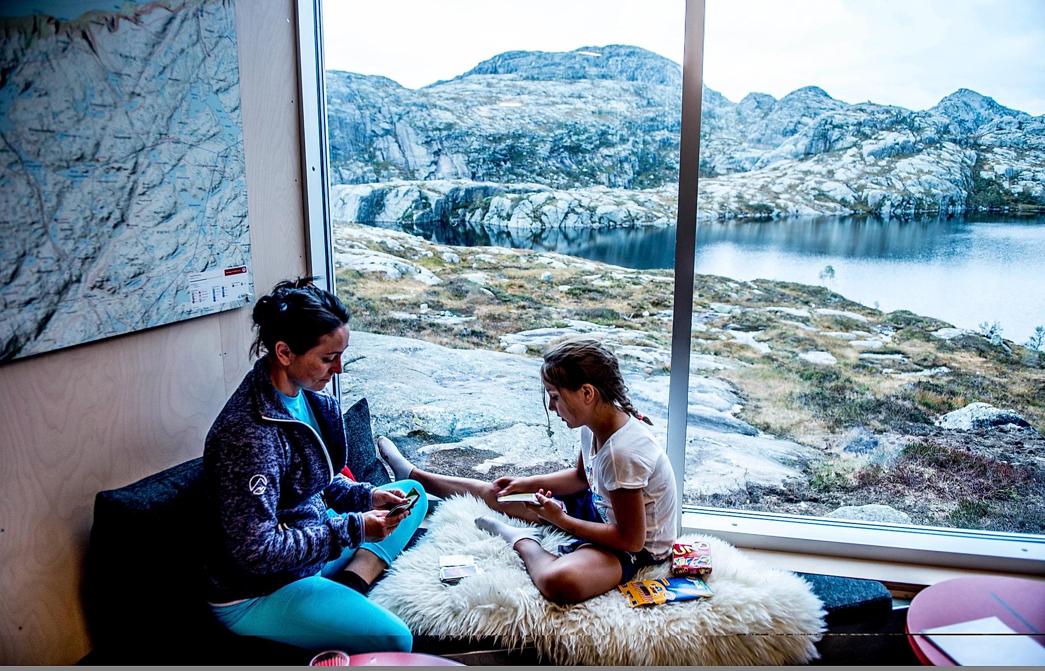Rikke Benaglia Petersen with her mother Rebecca Benaglia in a cabin at Skåpet, Fjord Norway
