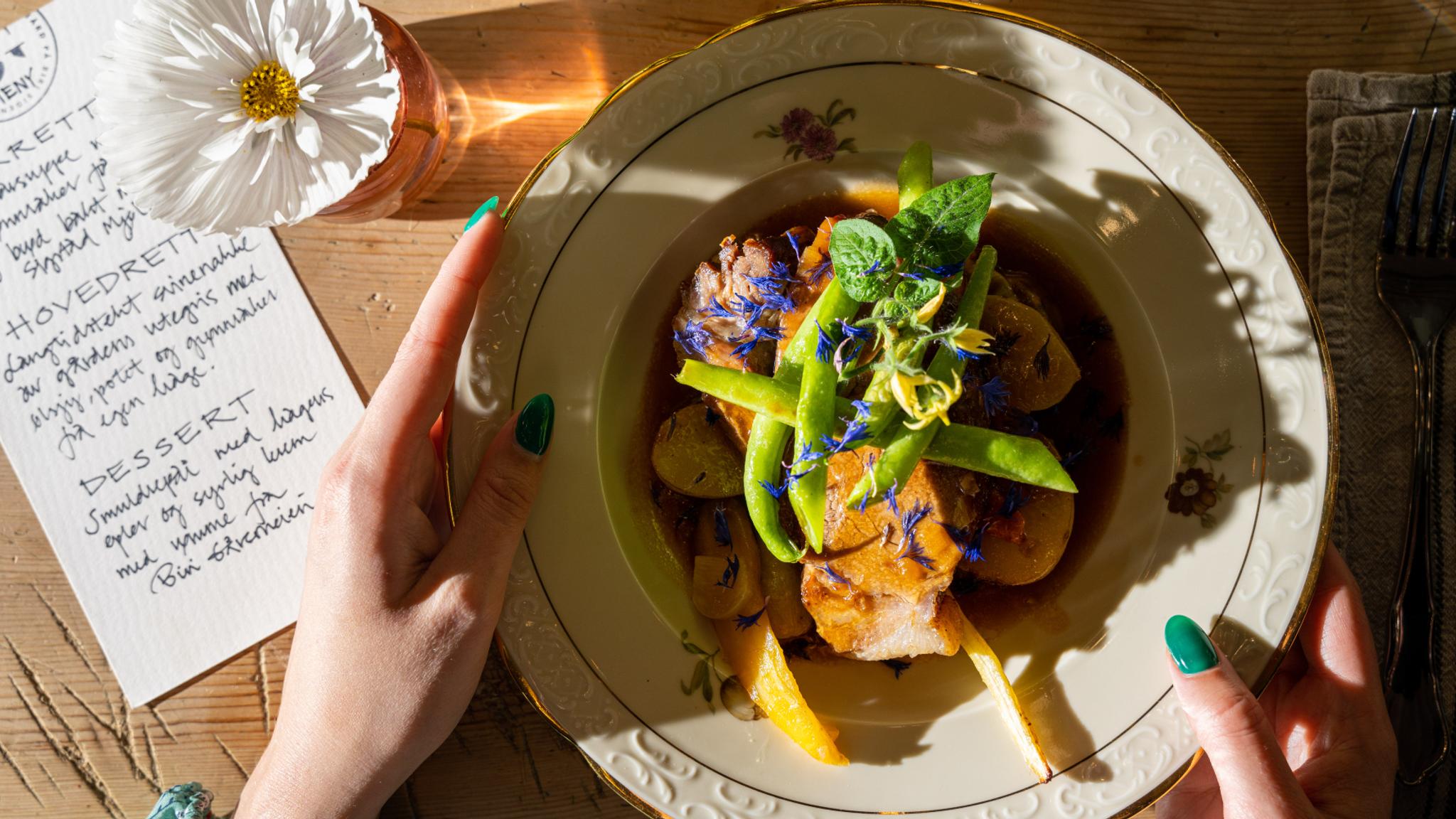 Pork dish with flower decoration.