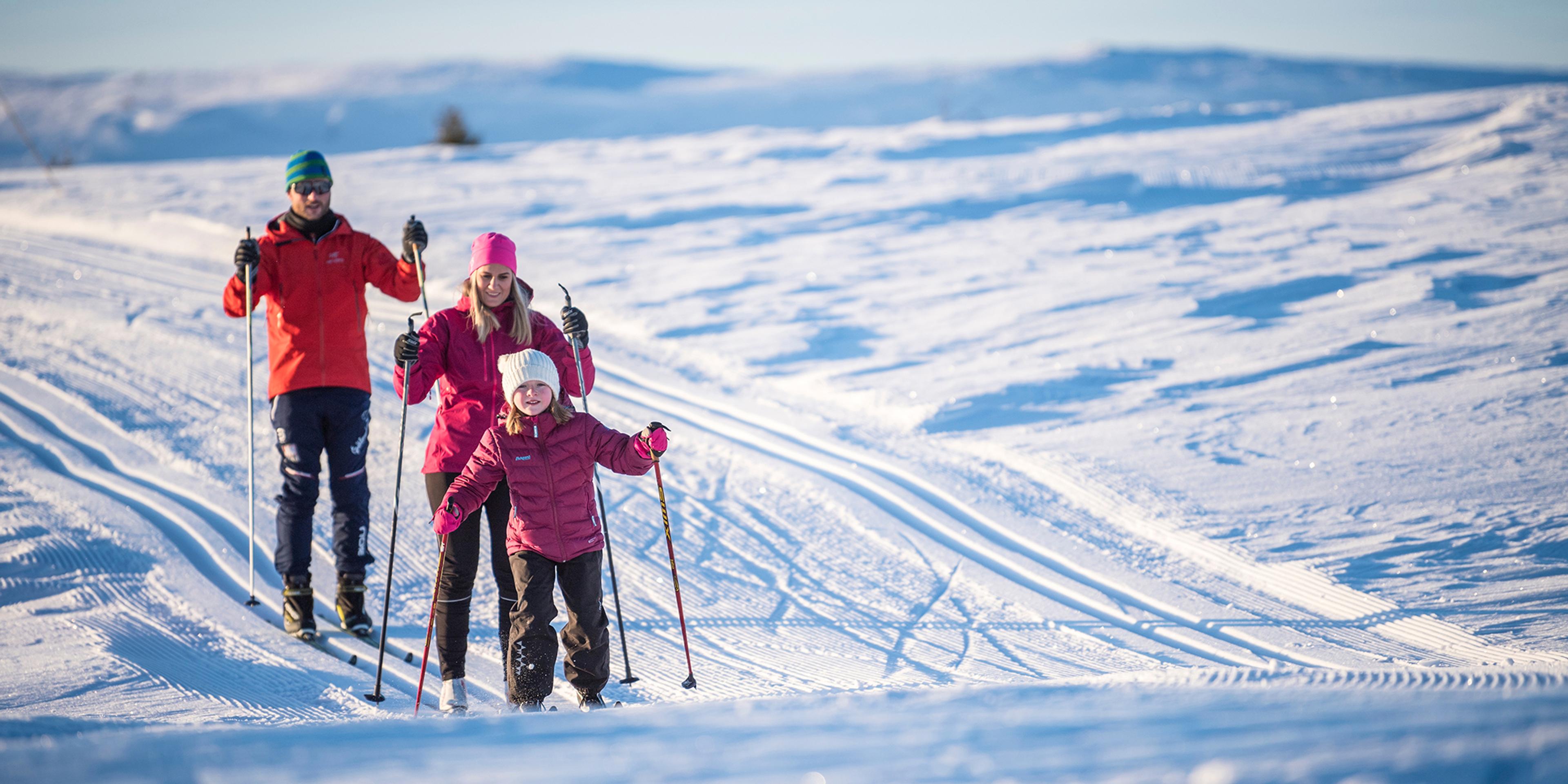 Een gezin aan het langlaufen in Valdres, Oost-Noorwegen