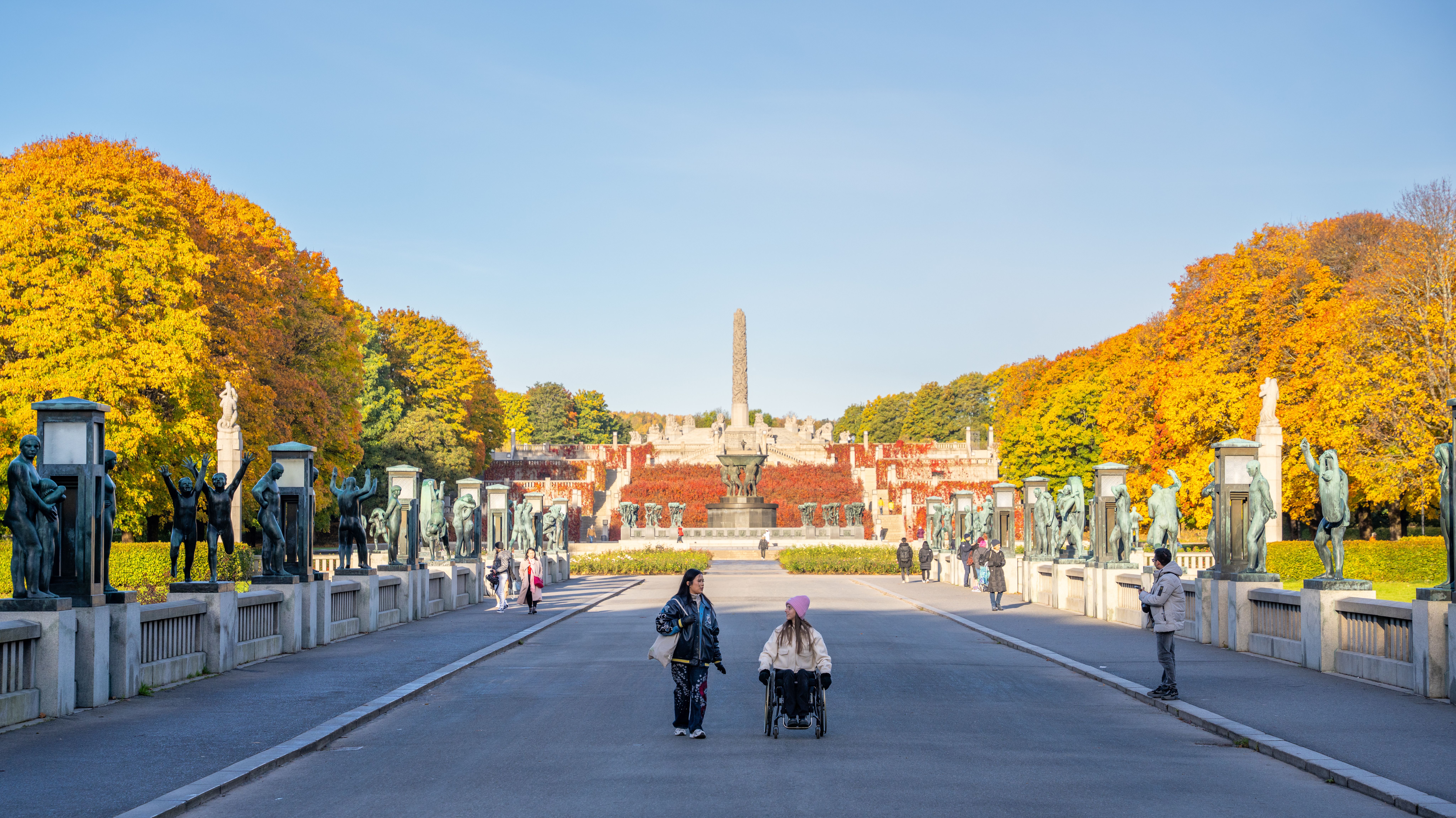 Two women in Vigelandsparken at Frogner in Oslo, Eastern Norway