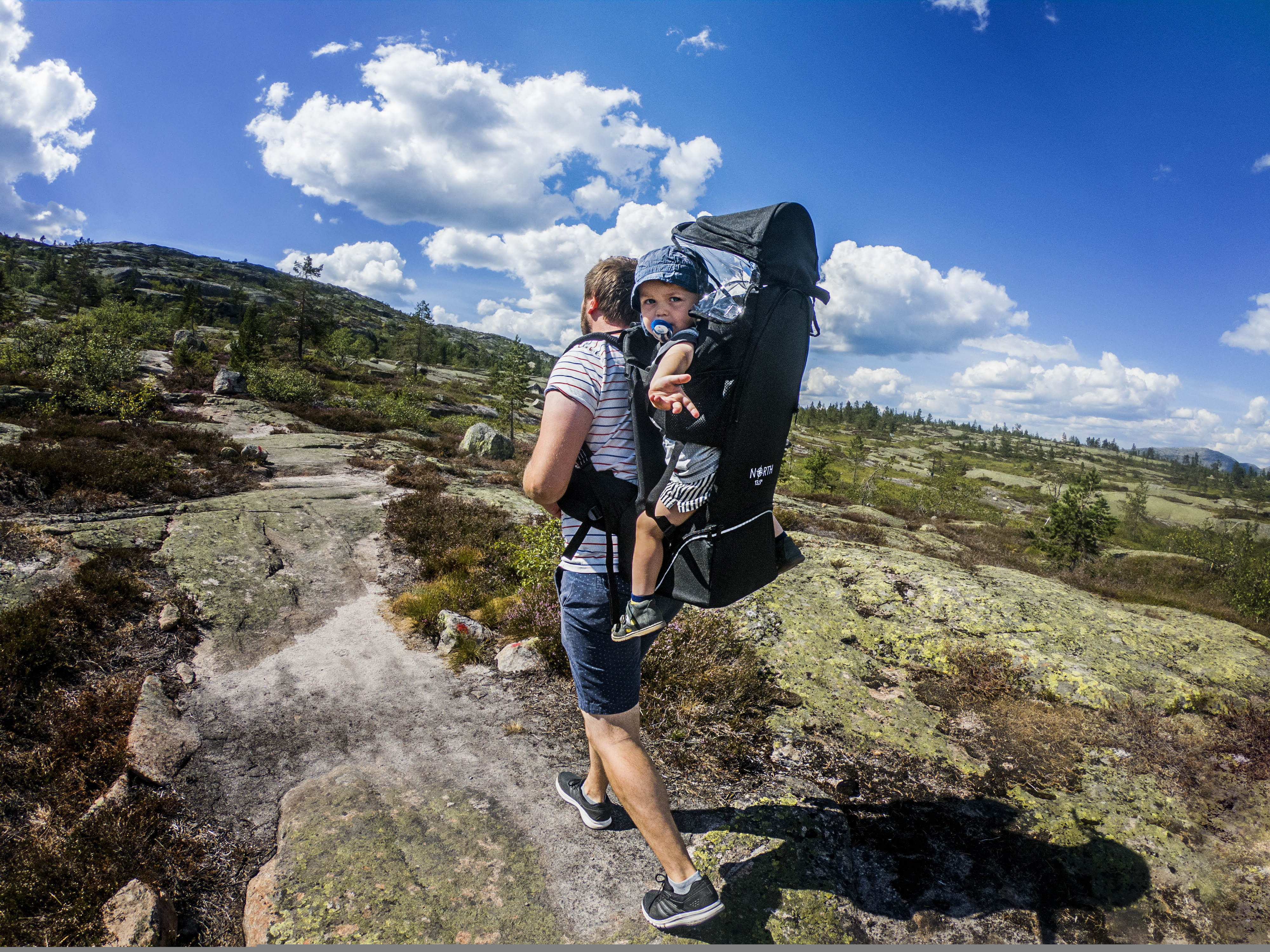 Man hiking with his baby in a baby carrier backpack in Vrådal, Southern Norway