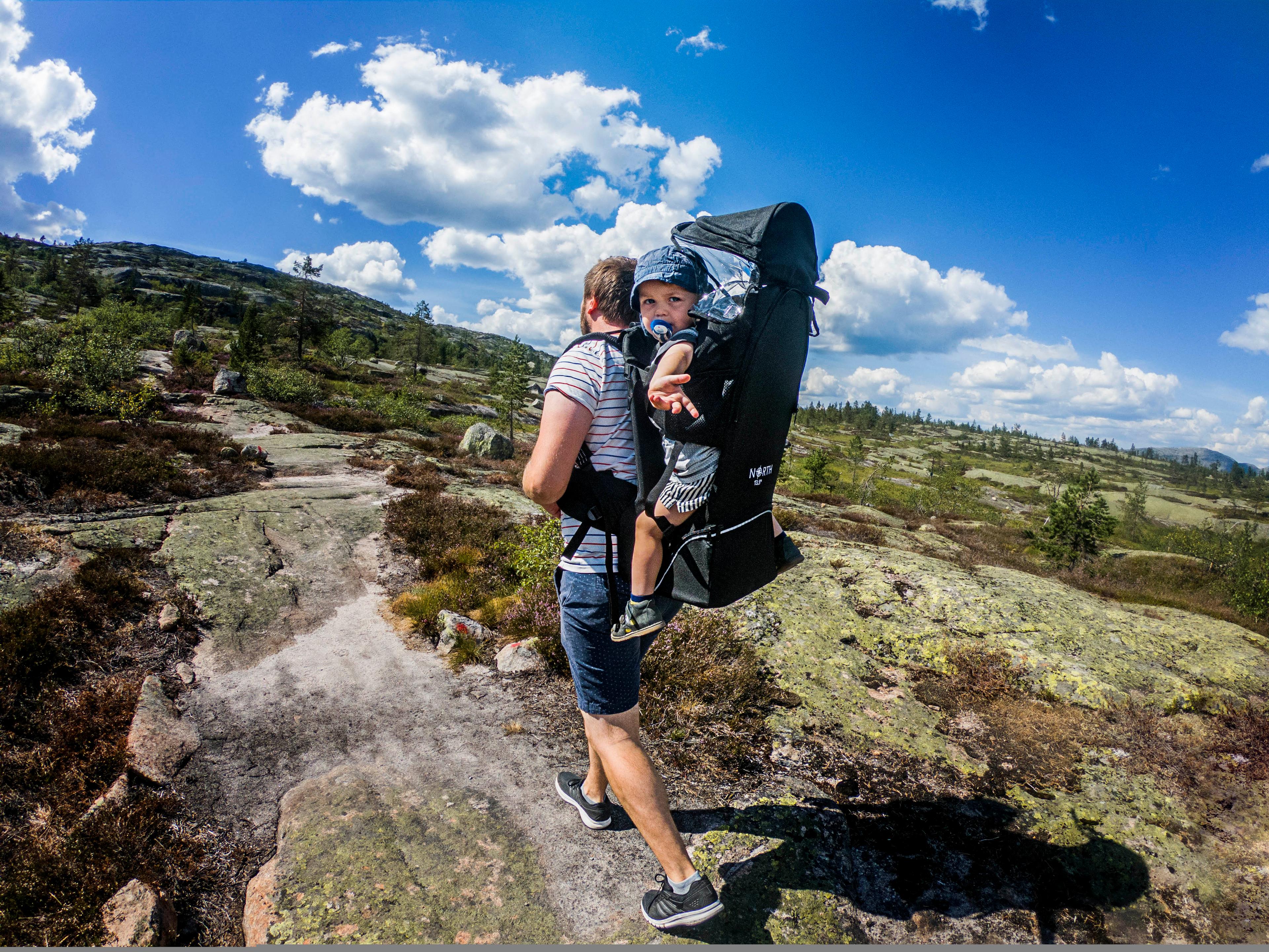 Man hiking with his baby in a baby carrier backpack in Vrådal, Southern Norway