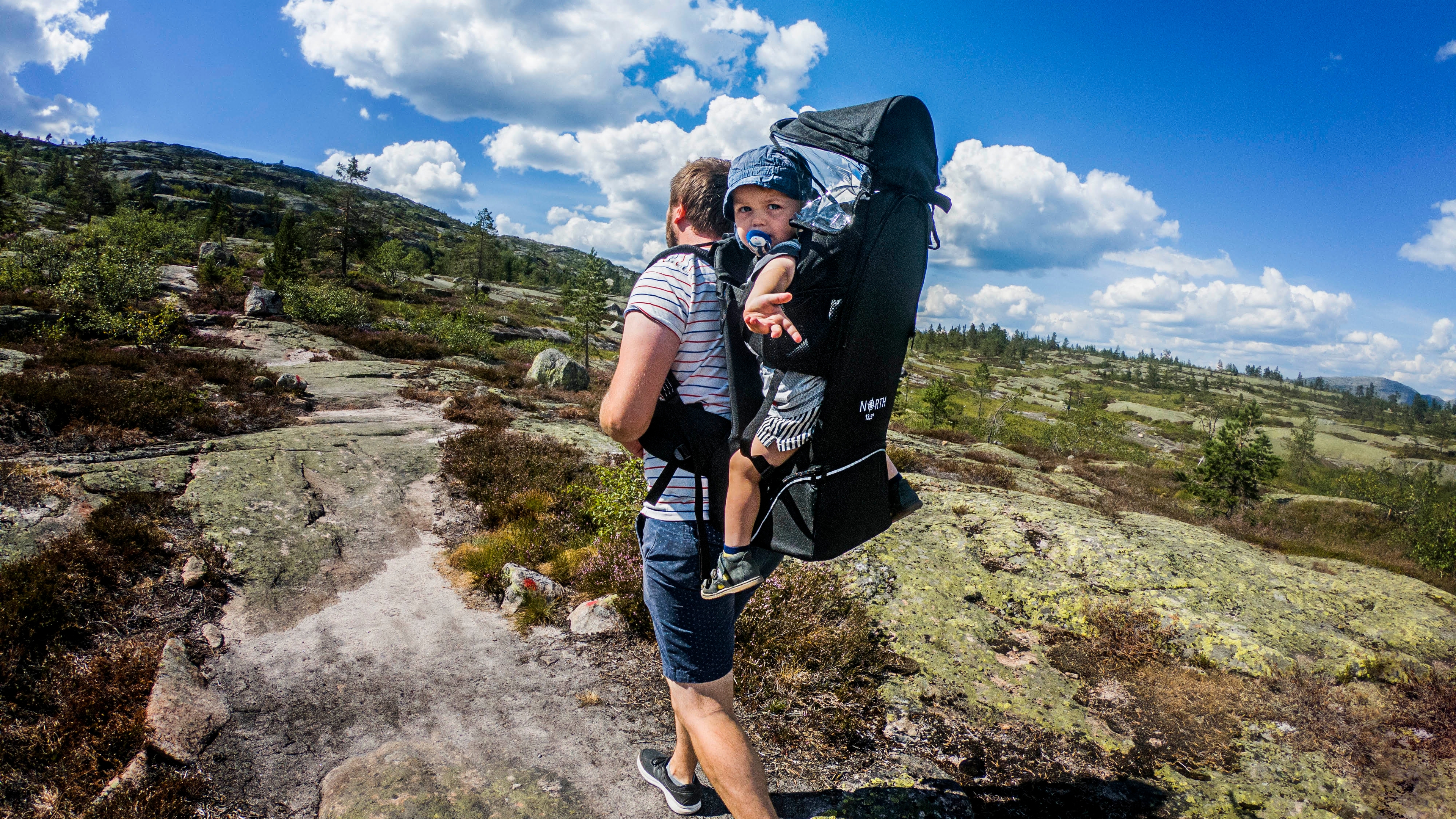Man hiking with his baby in a baby carrier backpack in Vrådal, Southern Norway