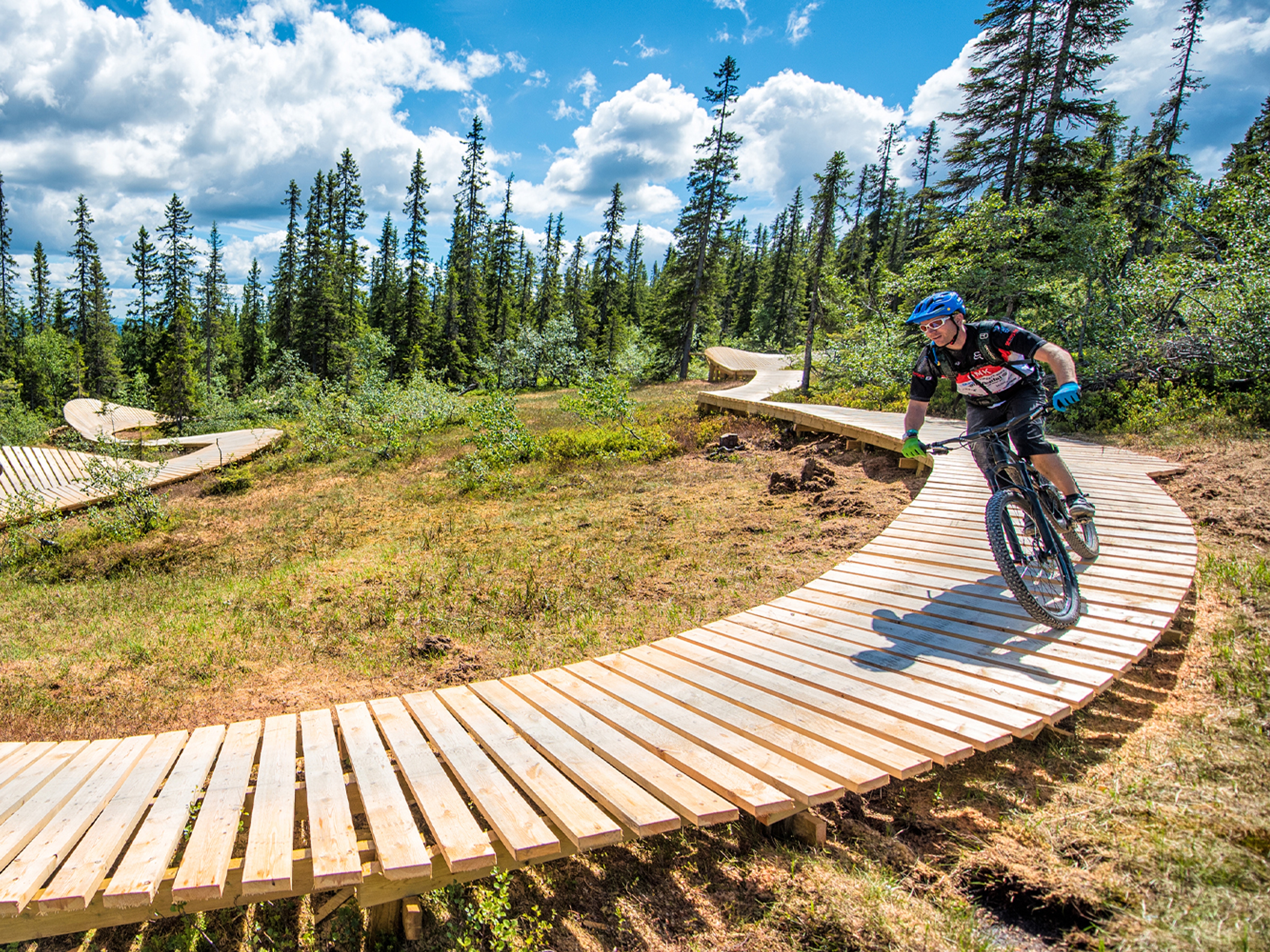 Zwei Mountainbiker fahren auf dem Magic Moose in der Trysil Bike Arena, Ostnorwegen