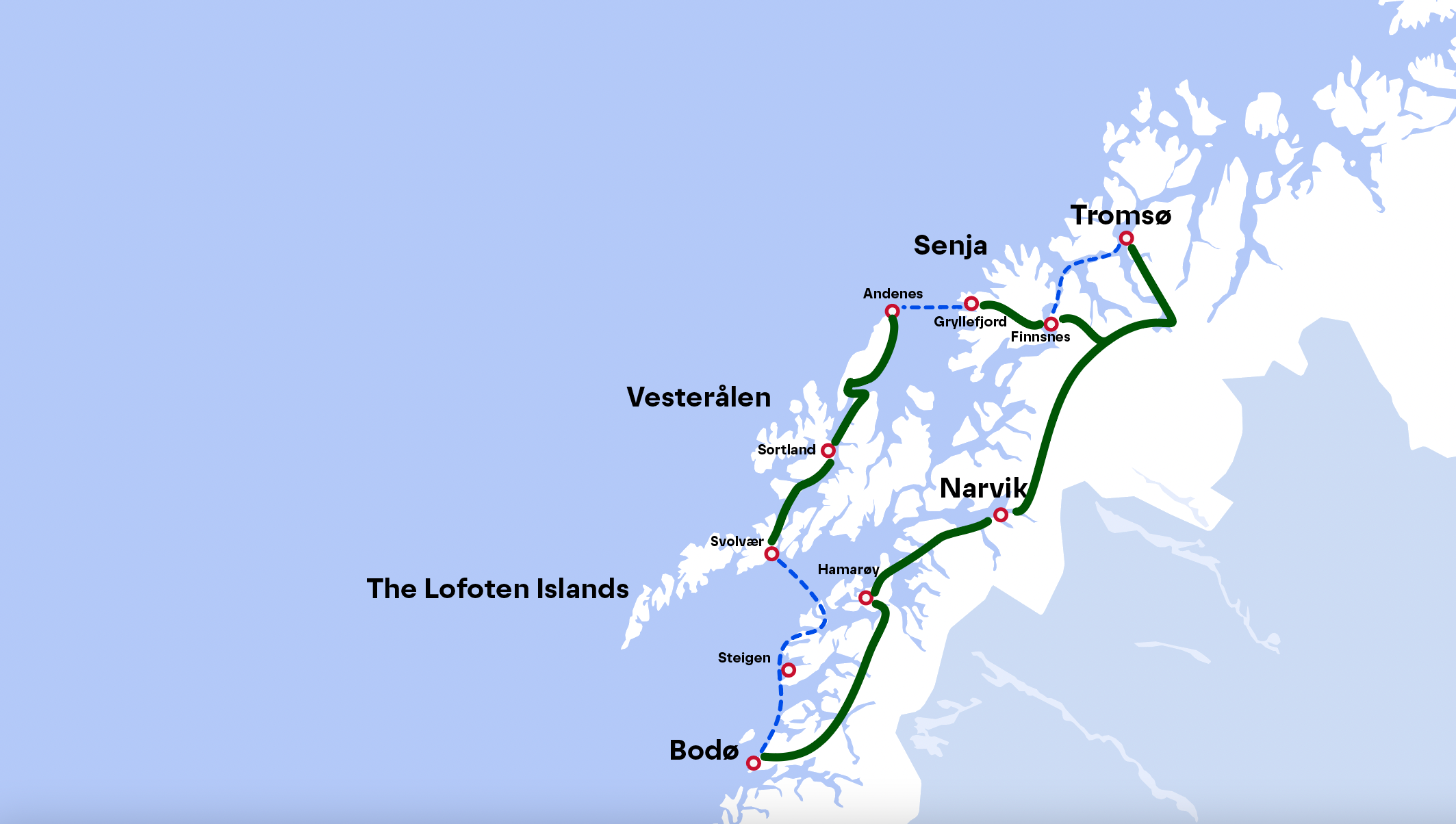 Public transportation map route from Map from Bodø to Lofoten, Vesterålen, Senja, Tromsø, Narvik