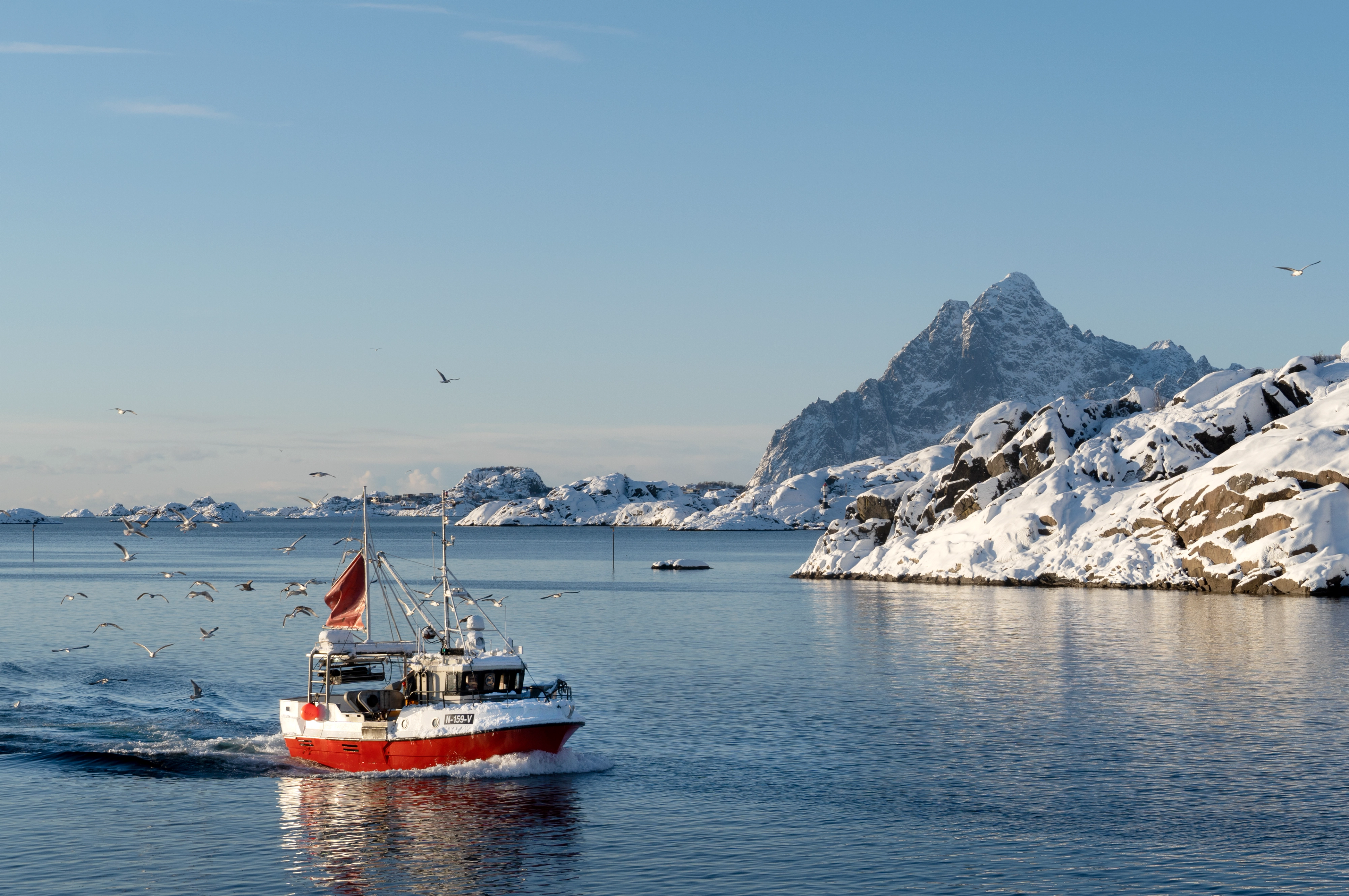 Skrei fishing boat in front of Vågakallen mountain in Lofoten