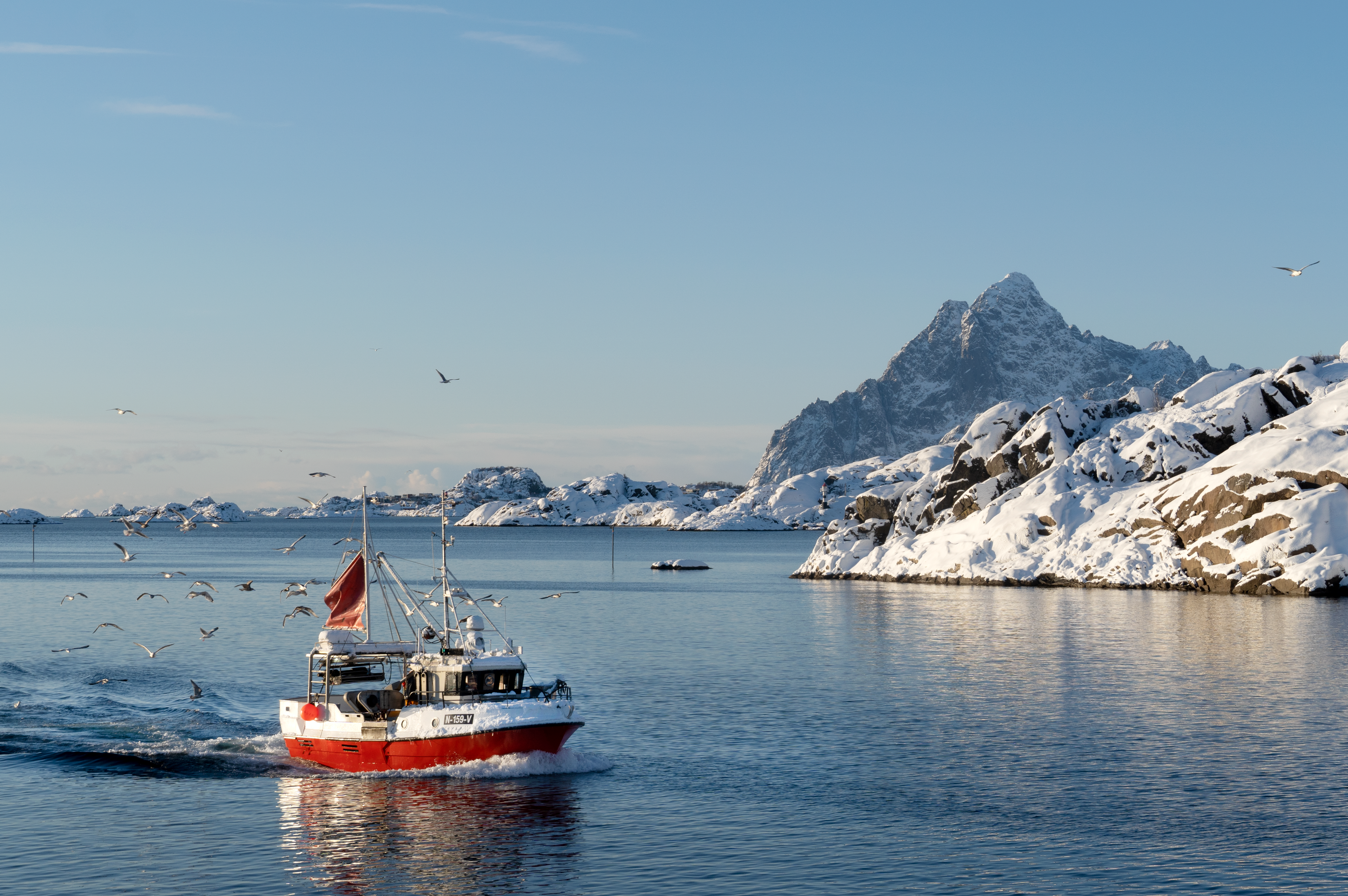 Skrei fishing boat in front of Vågakallen mountain in Lofoten