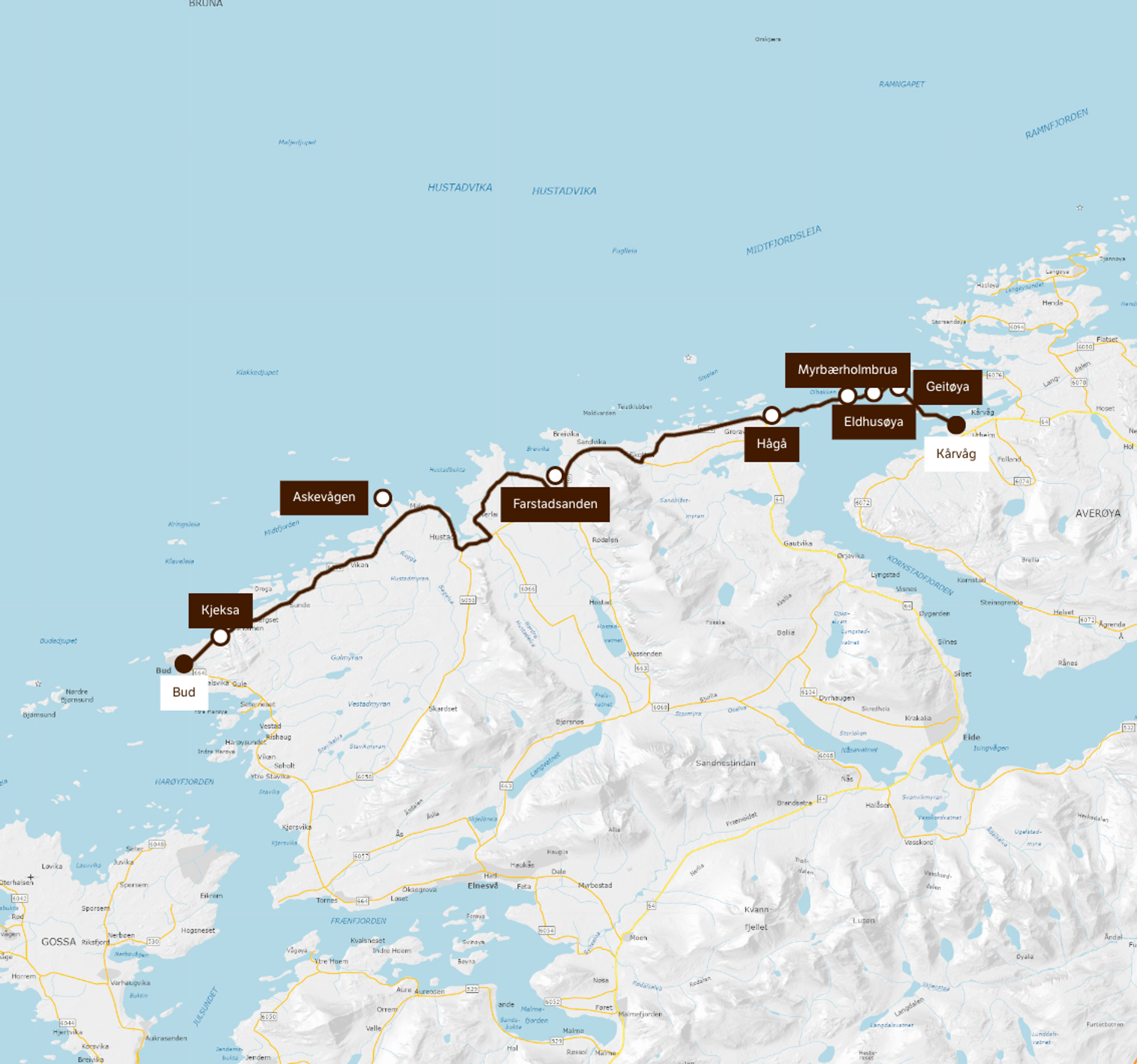 A map of the Atlantic road scenic route.
