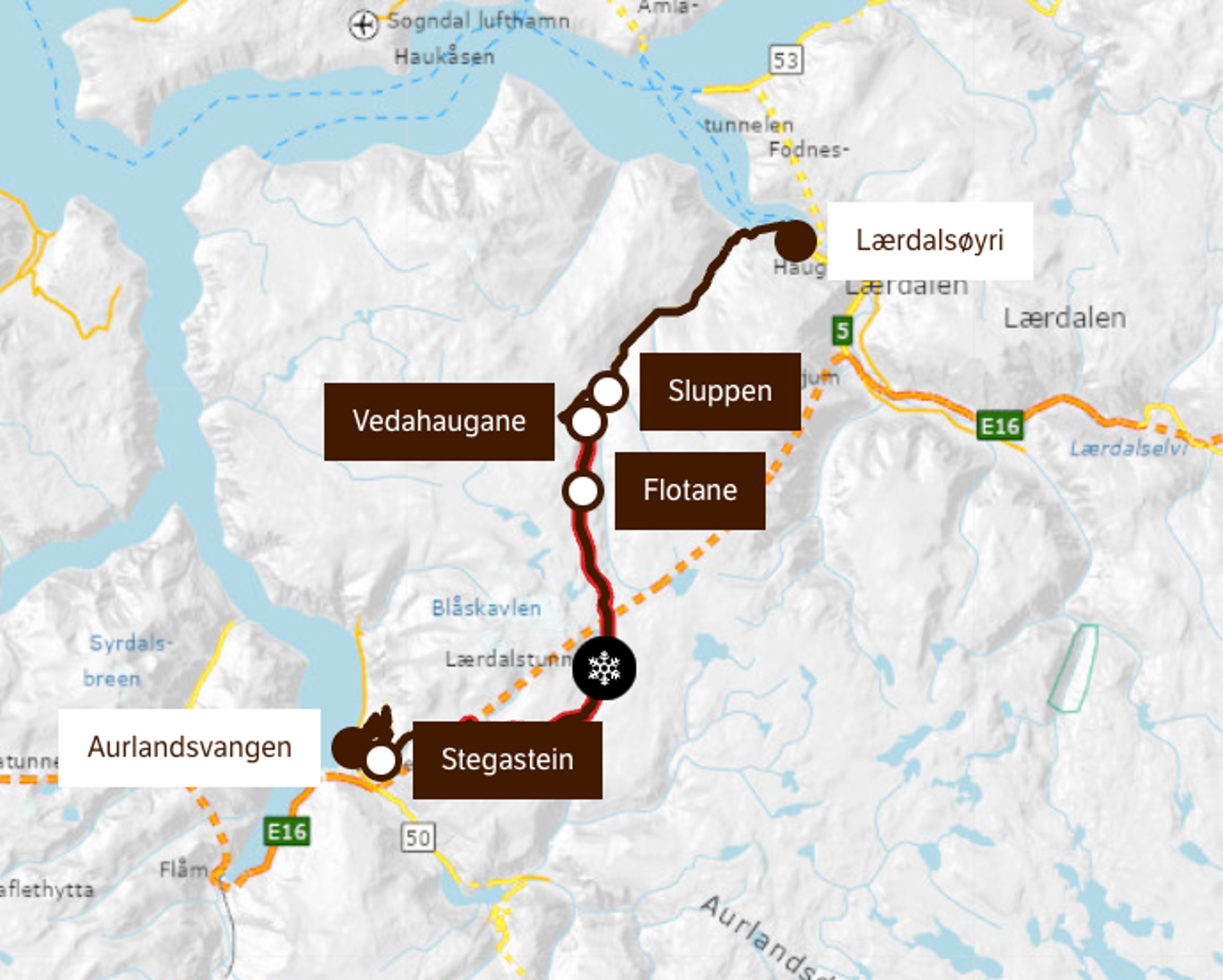 Map of Aurlandsvegen with pitstops