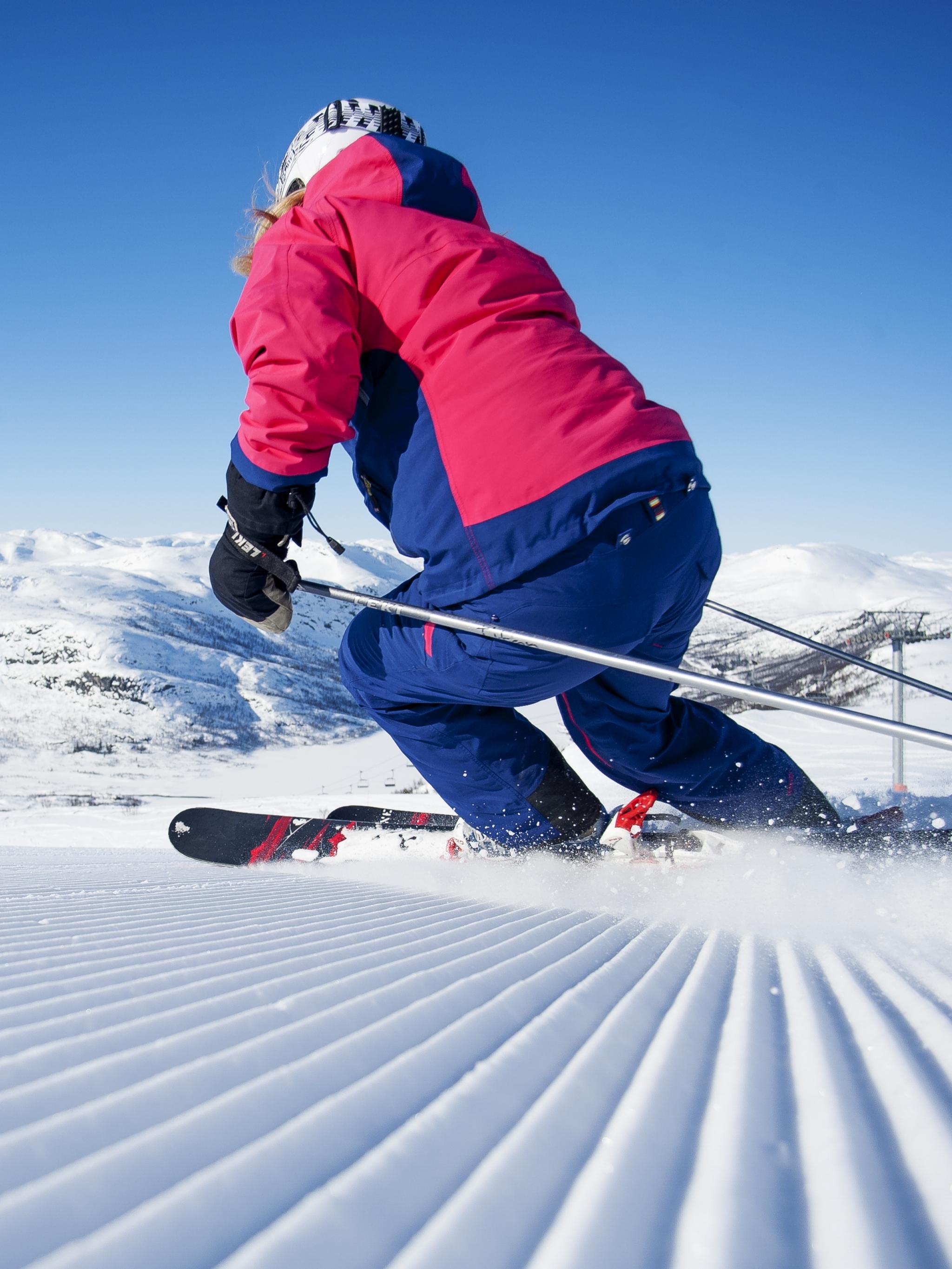 A person alpine skiing in Hovden in Setesdal, Southern Norway