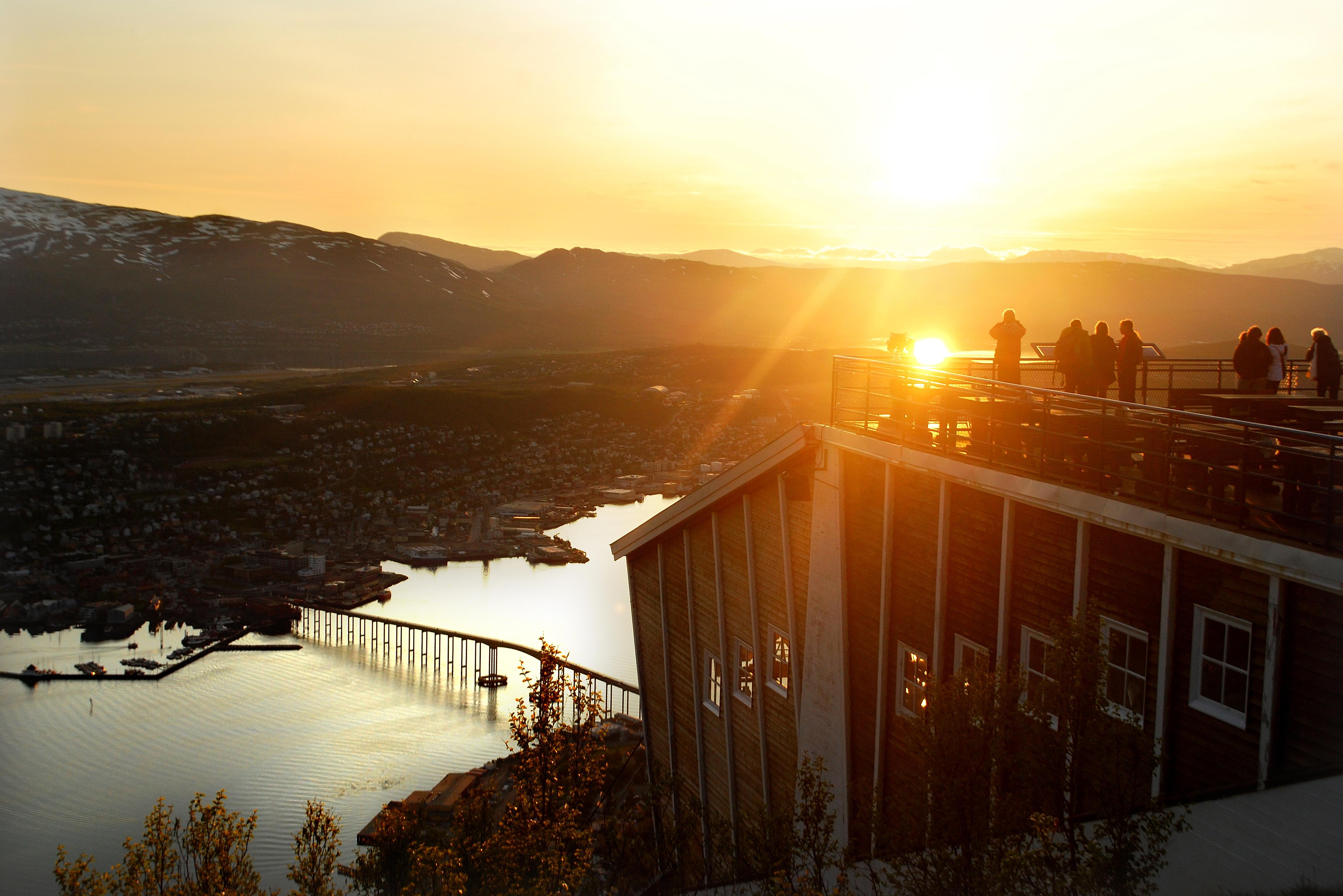View on Tromsø under the midnight sun from mount Storsteinen, Tromsø, Northern Norway