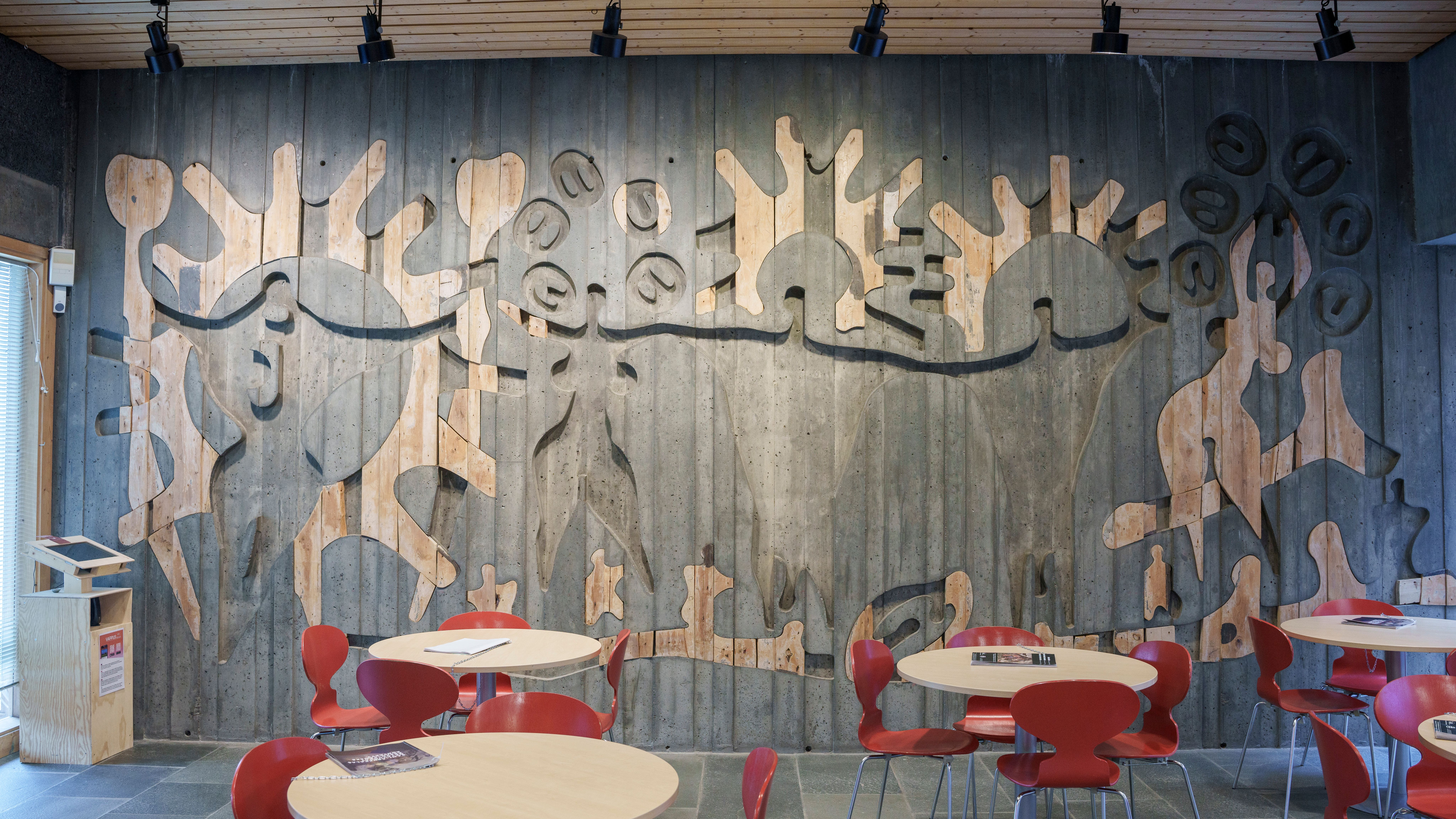 Iver Jåks sculpture that fills and entire wall at the Sami Museum in Karasjok