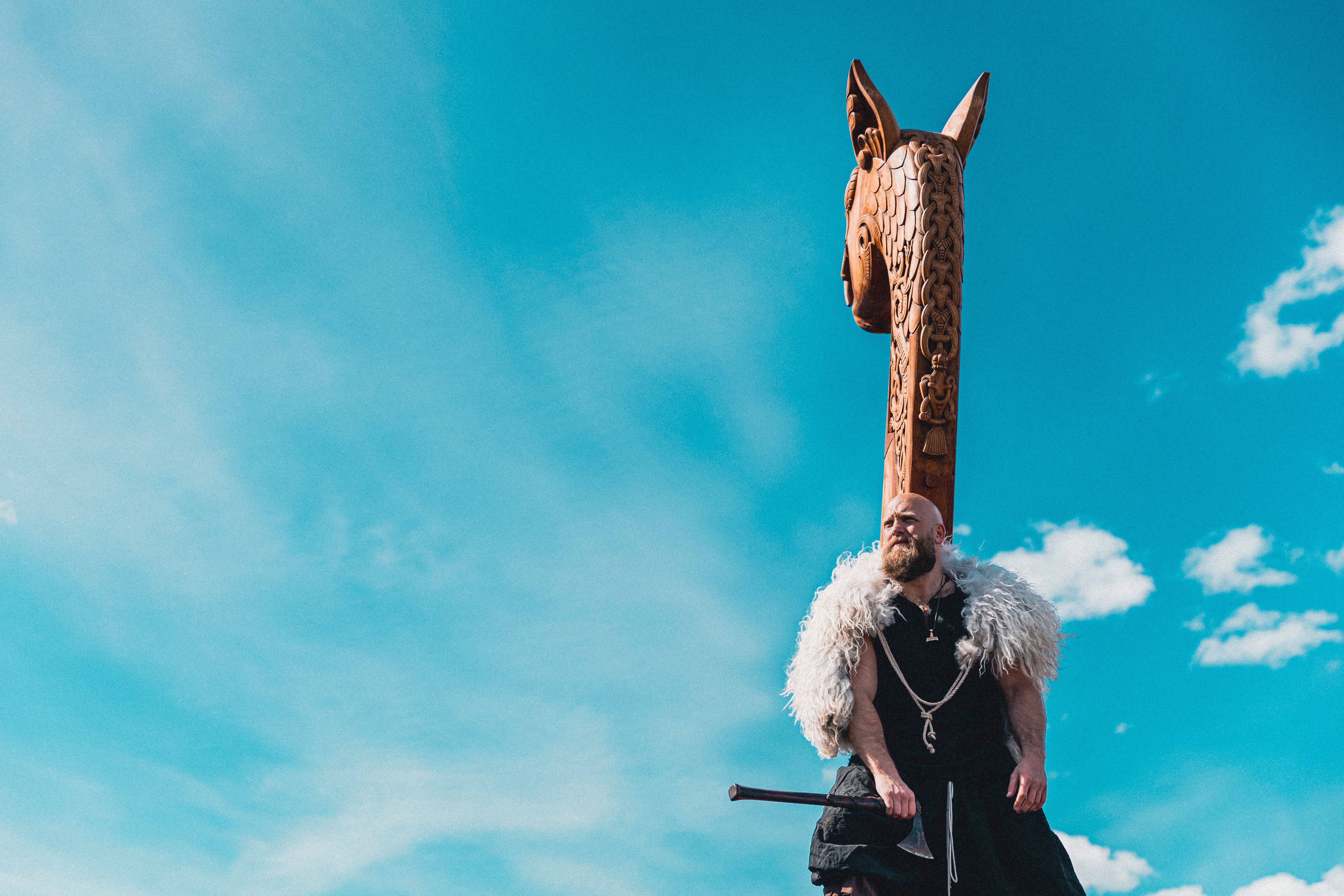 A viking man aboard the Myklebust ship in Nordfjord.