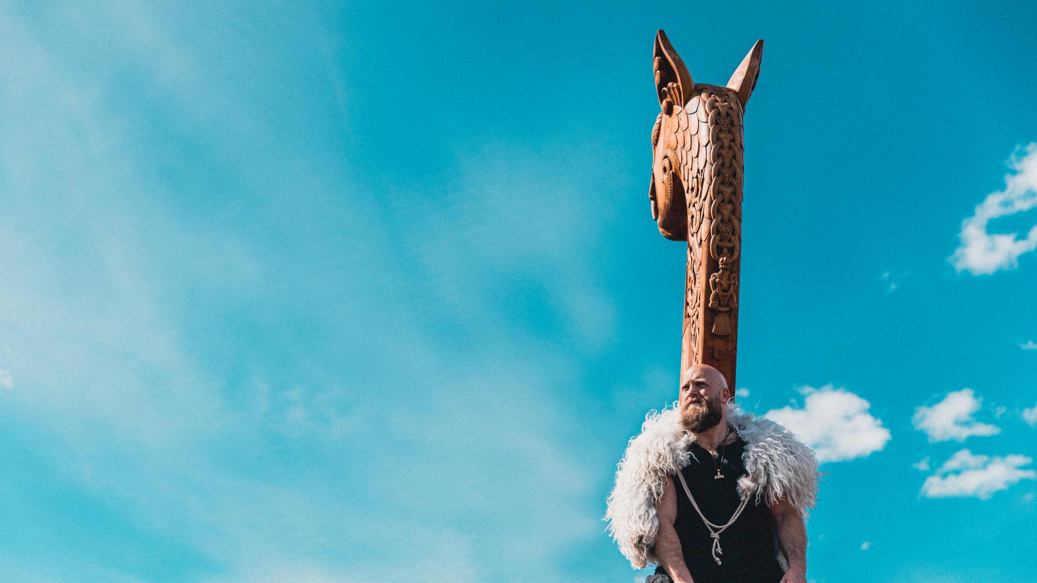 A viking man aboard the Myklebust ship in Nordfjord.