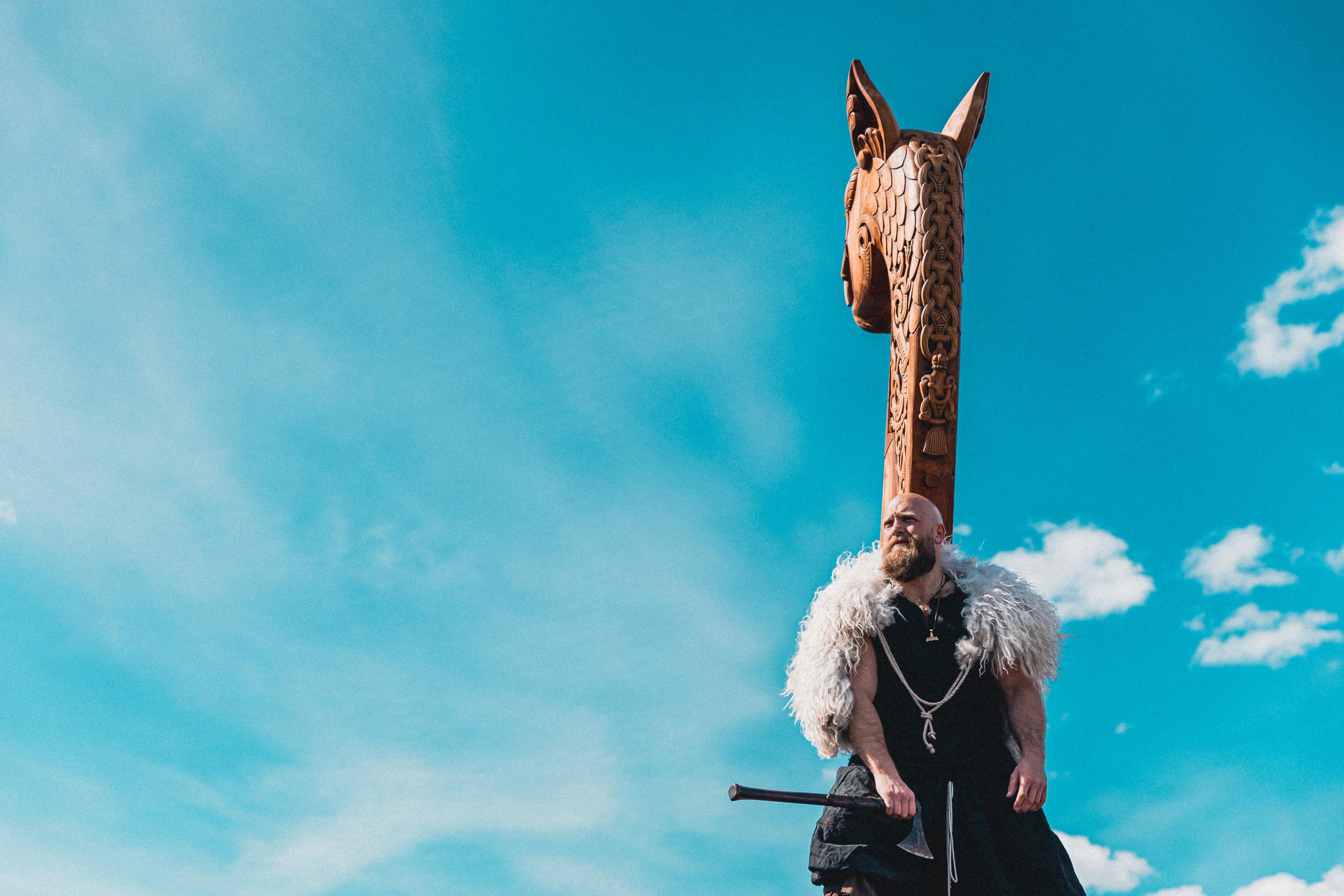 A viking man aboard the Myklebust ship in Nordfjord.