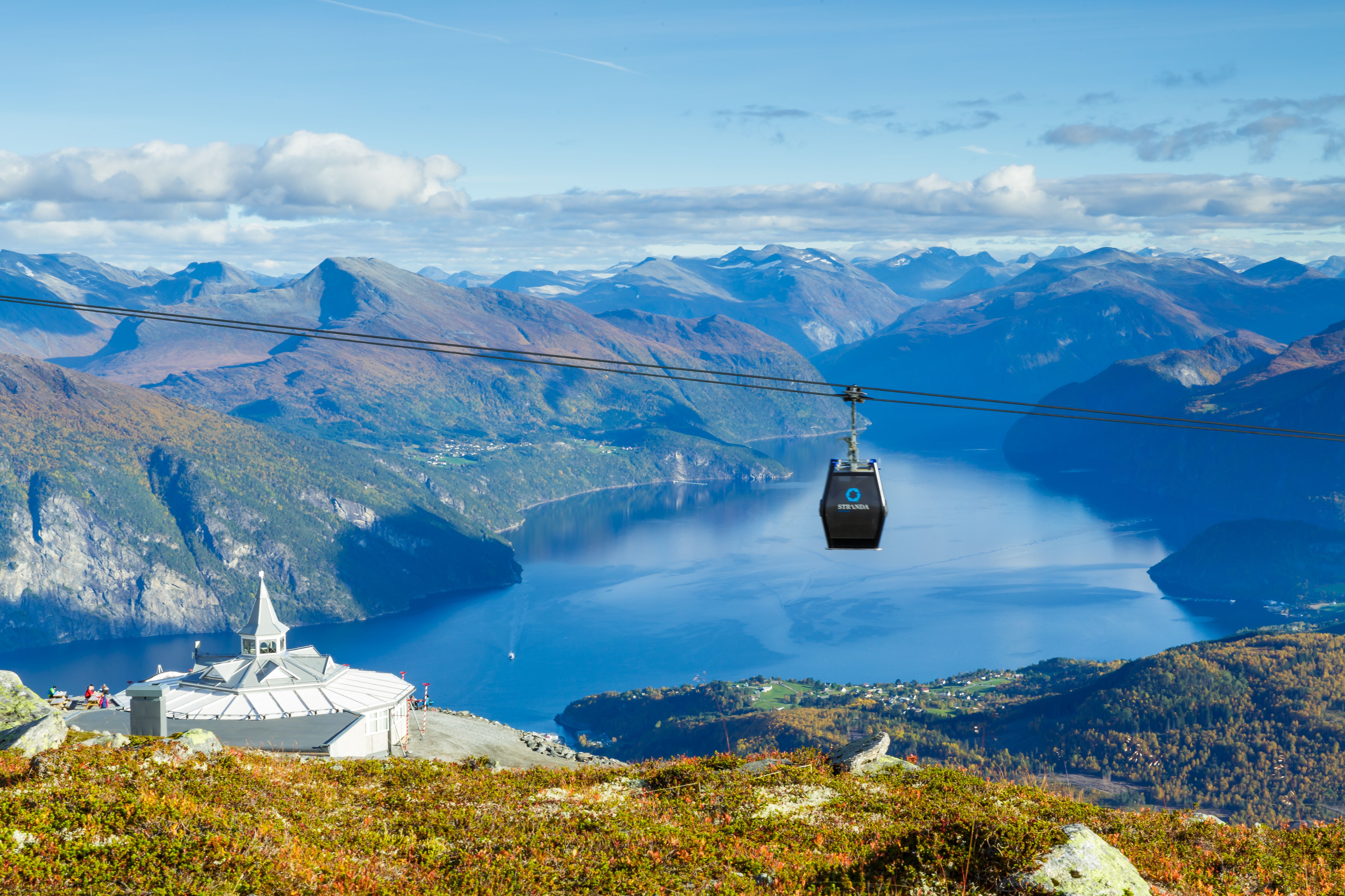 The gondola lift and the pavilion at Mount Strandafjellet in Fjord Norway
