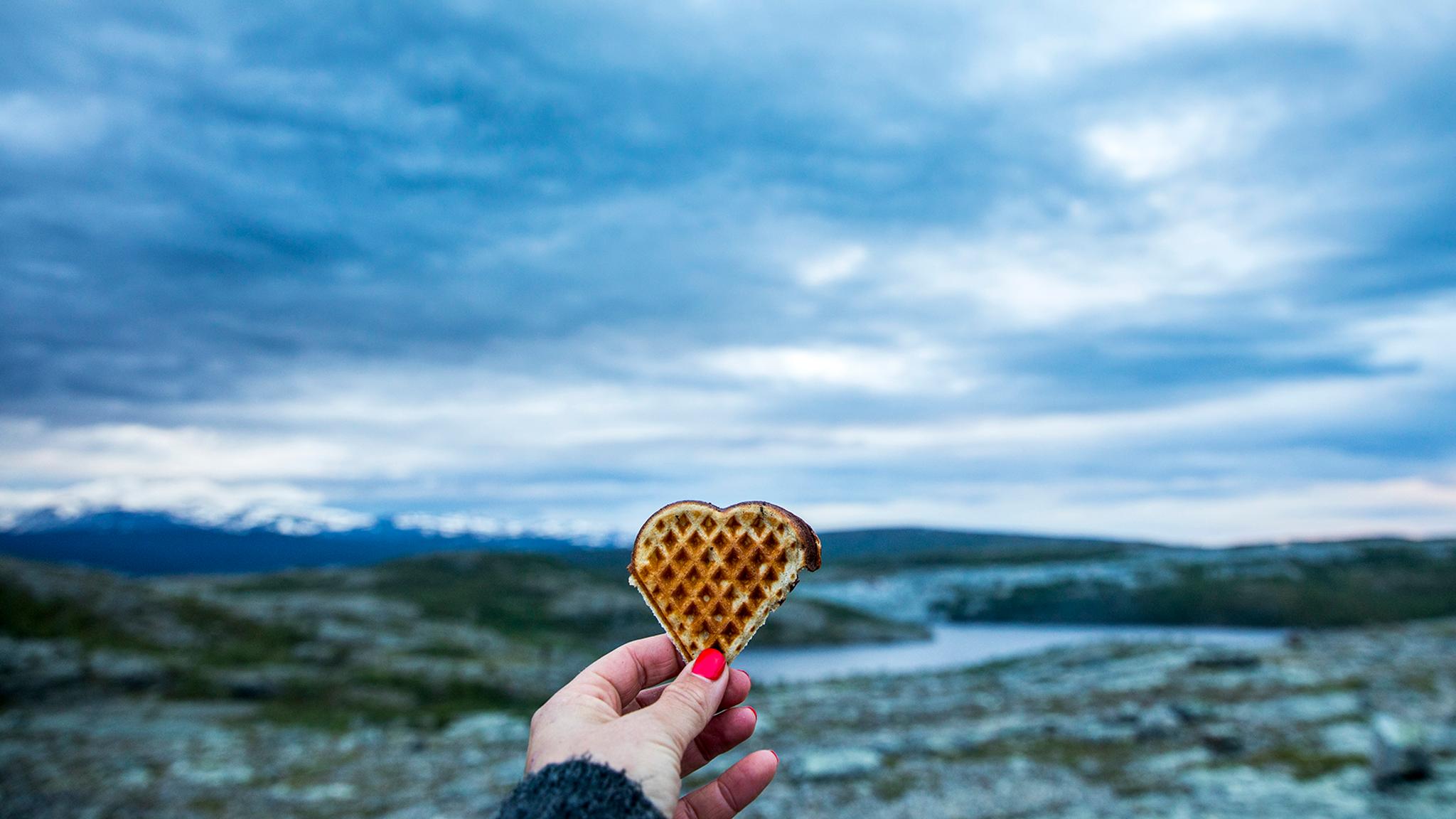 A hand holding up a heart-shaped waffle with beautiful scenery in the background