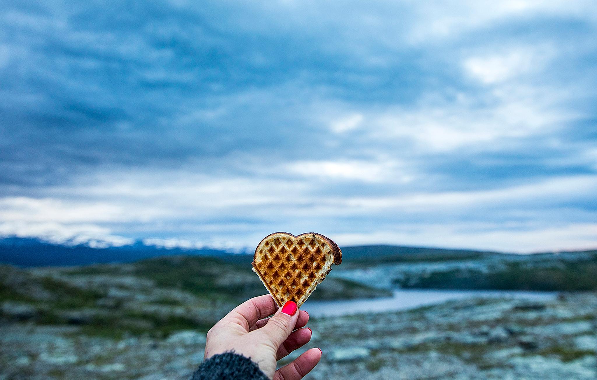 A hand holding up a heart-shaped waffle with beautiful scenery in the background