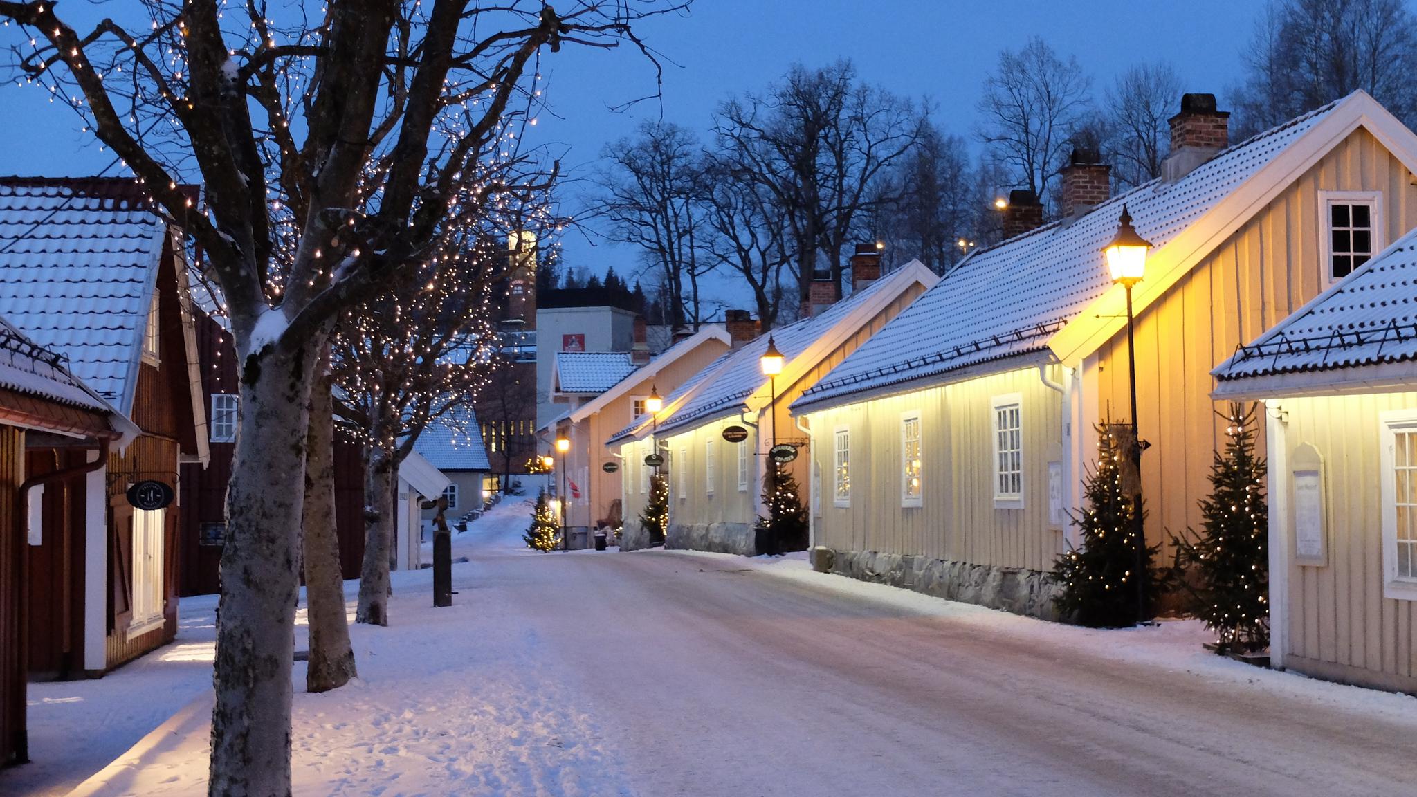 A street with historic buildings at the Christmas market at Bærums Verk, Eastern Norway
