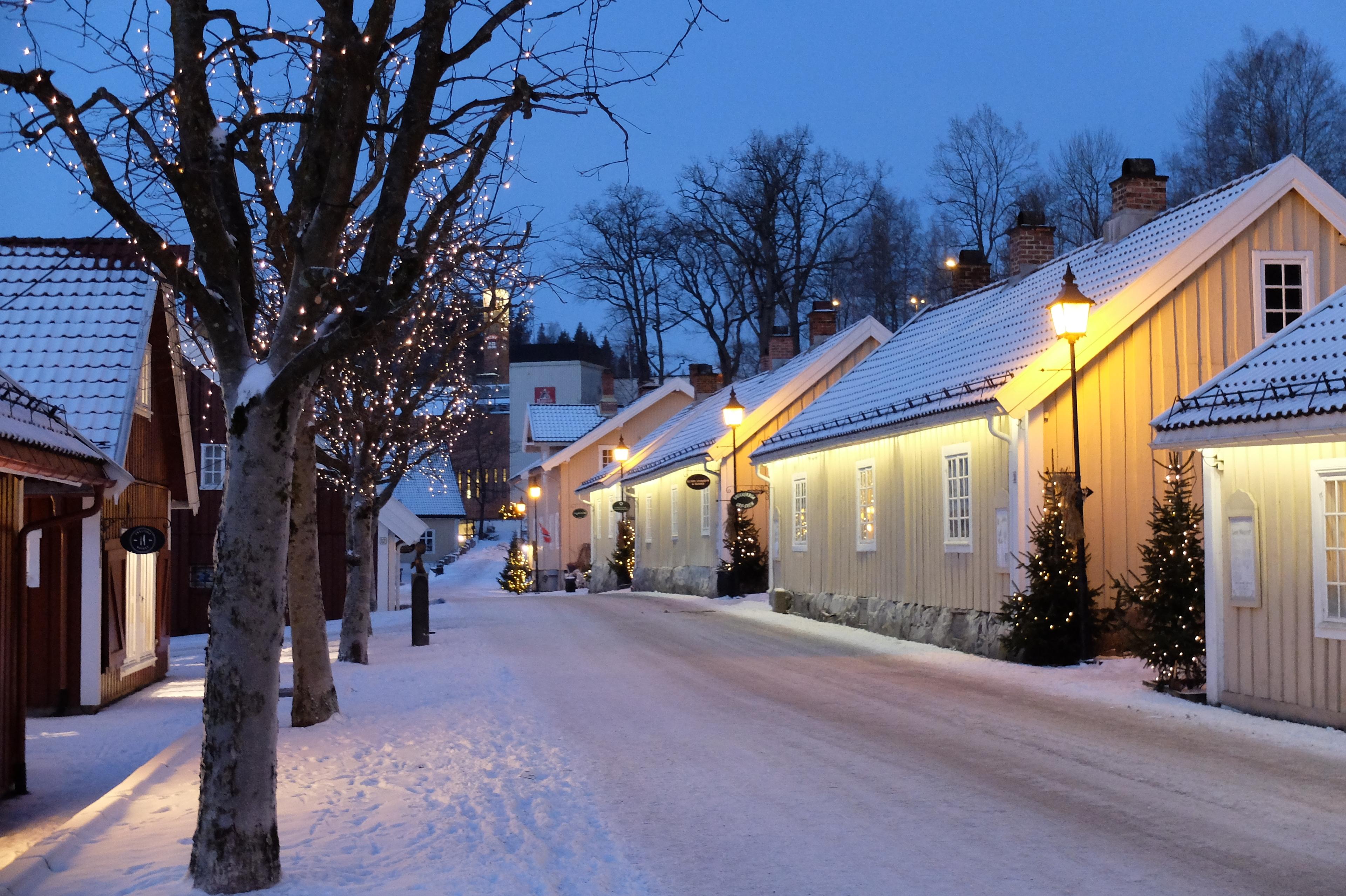 A street with historic buildings at the Christmas market at Bærums Verk, Eastern Norway