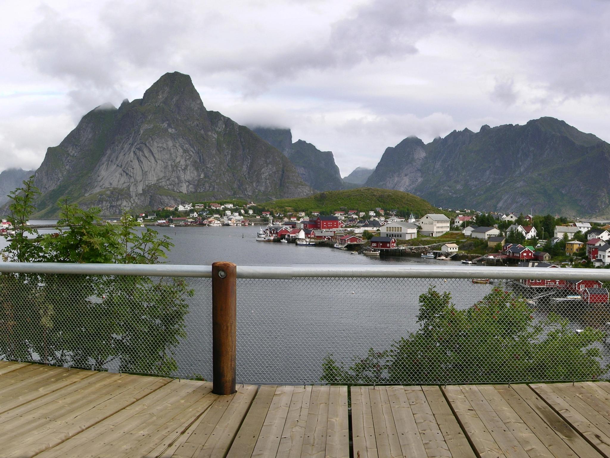 The fishing village Reine seen from a viewing platform on Norwegian Scenic Route Lofoten, Northern Norway