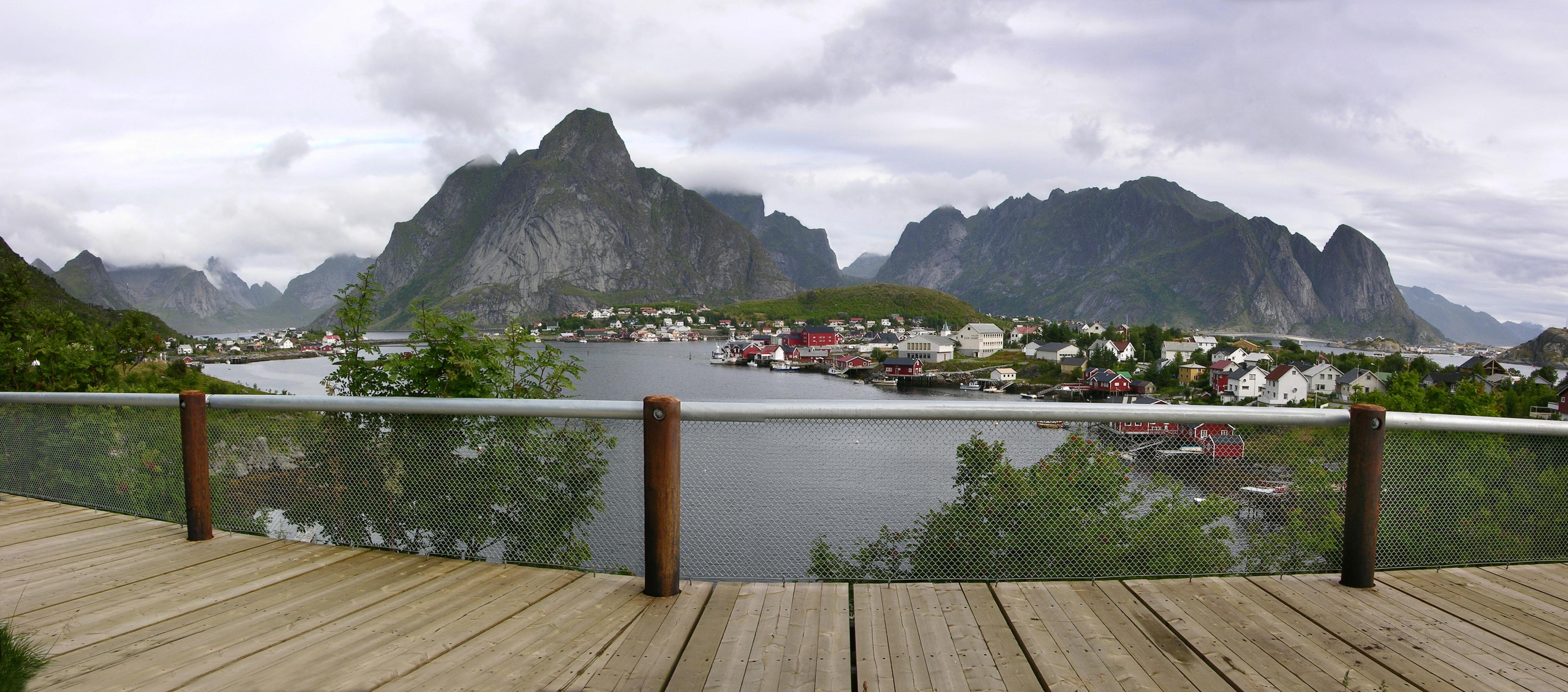 The fishing village Reine seen from a viewing platform on Norwegian Scenic Route Lofoten, Northern Norway