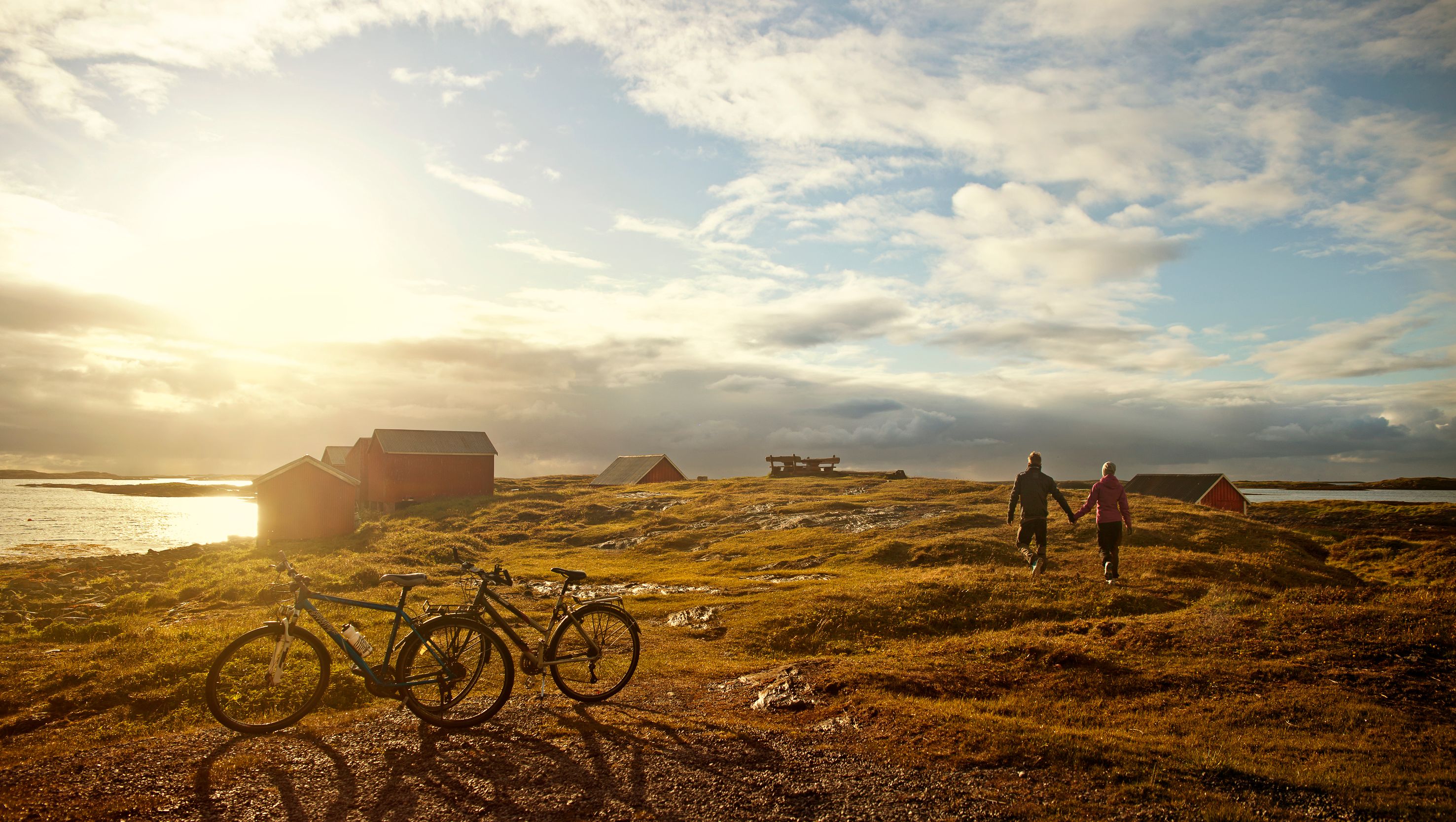 Deux cyclistes ont délaissé leurs vélos pour marcher vers la mer, au soleil couchant, sur l’île de Vega, en Norvège du Nord