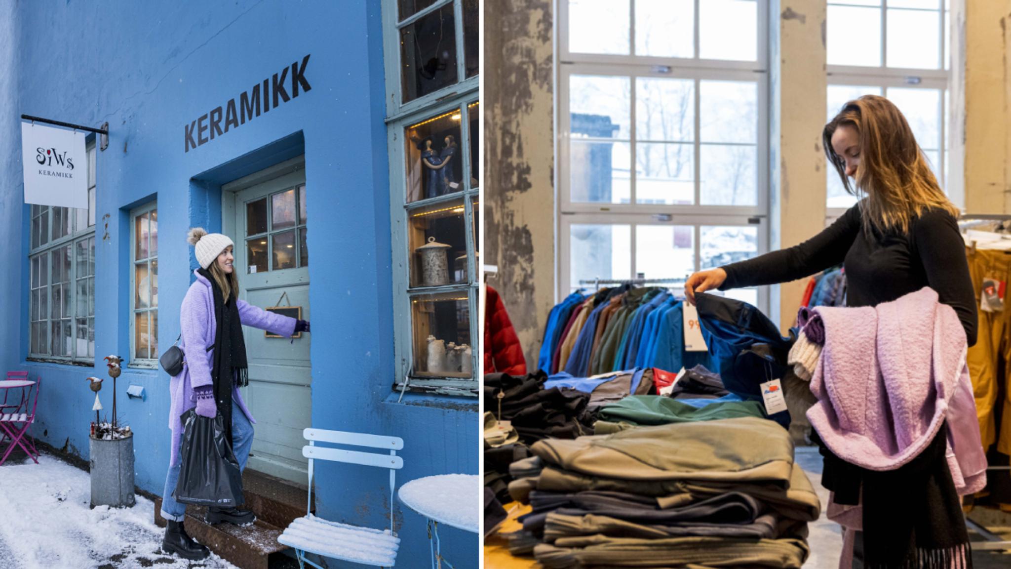 Kvinne besøker keramikkverksted og butikk på Devoldfabrikken