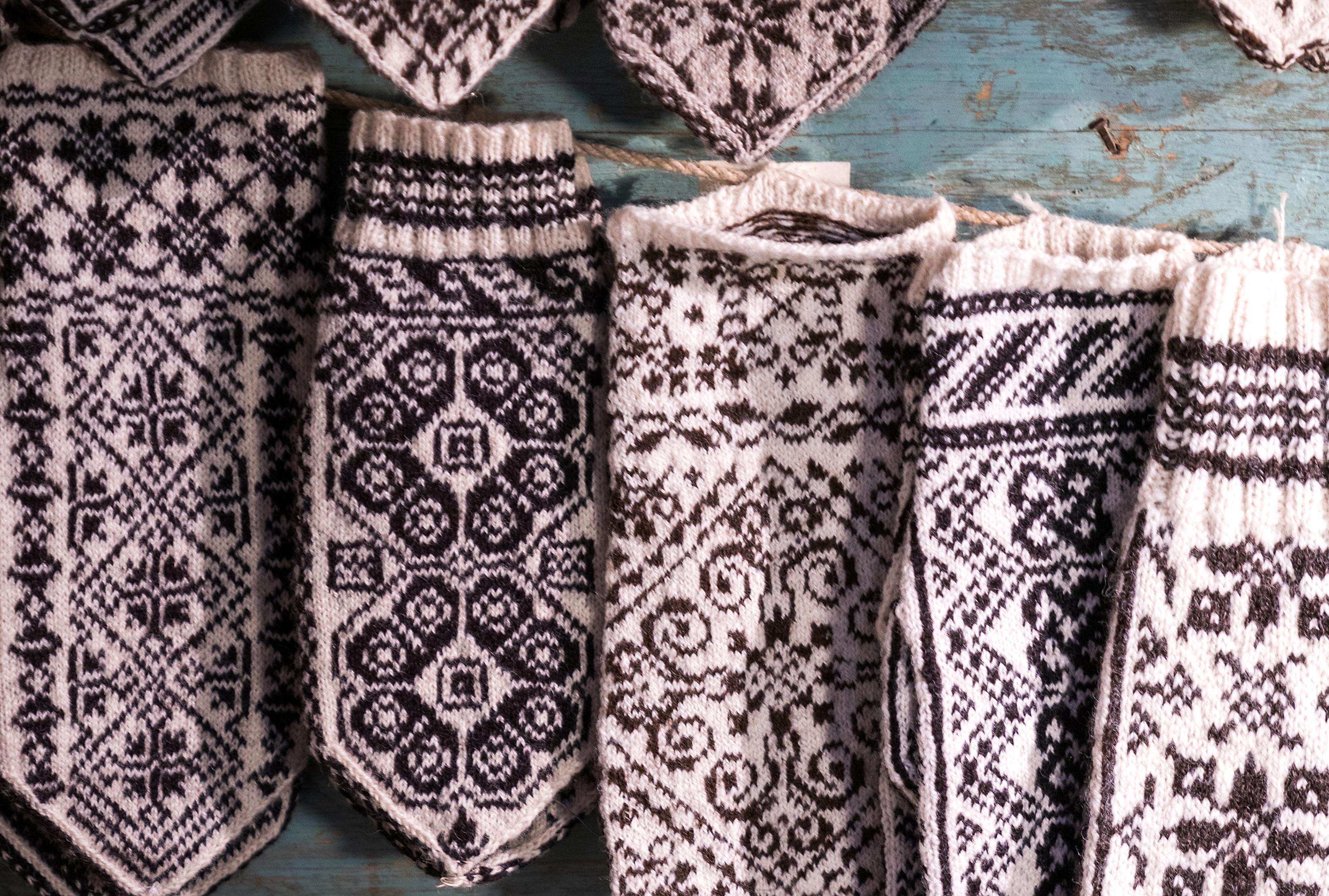 Different sorts of Selbu mittens hanging at the Selbu Bygdemuseum in Selbu, Trøndelag, Norway.